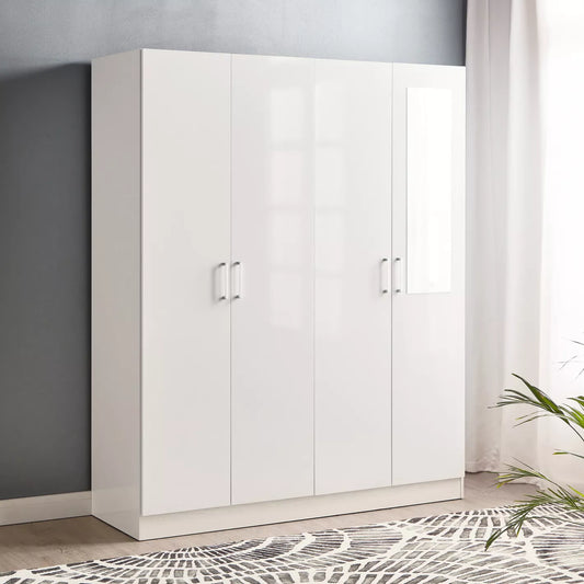 4-Swing Door Wardrobe with Mirror and Drawer, 4 shelves And 2 rails for clothing and accessories - COOLBABY