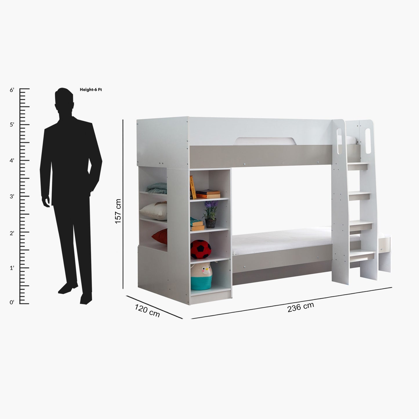 Bunk Bed with Storage 90x190 cm | Modern Wooden Bunk Bed with Shelves