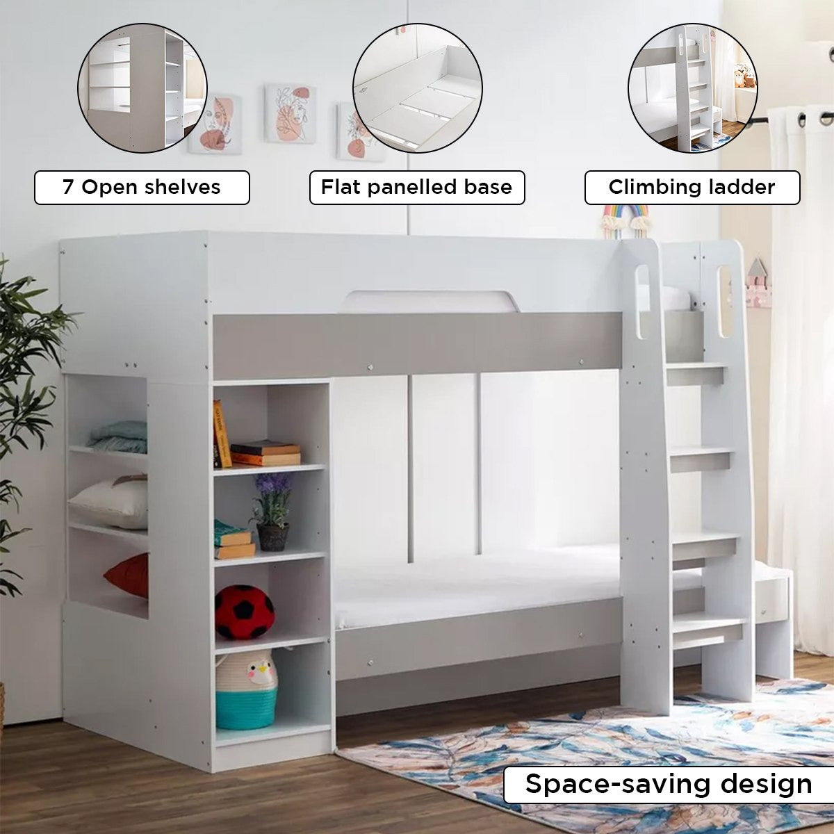 Bunk Bed with Storage 90x190 cm | Modern Wooden Bunk Bed with Shelves