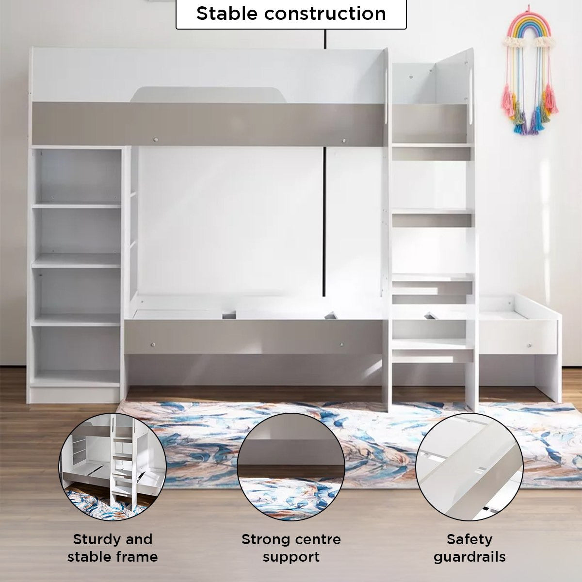 Bunk Bed with Storage 90x190 cm | Modern Wooden Bunk Bed with Shelves