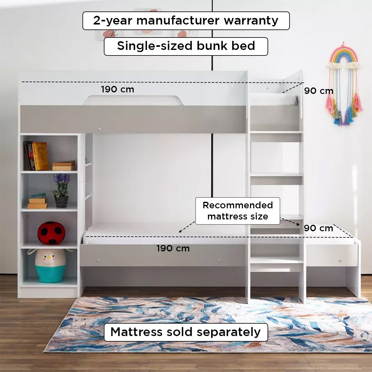 Bunk Bed with Storage 90x190 cm | Modern Wooden Bunk Bed with Shelves