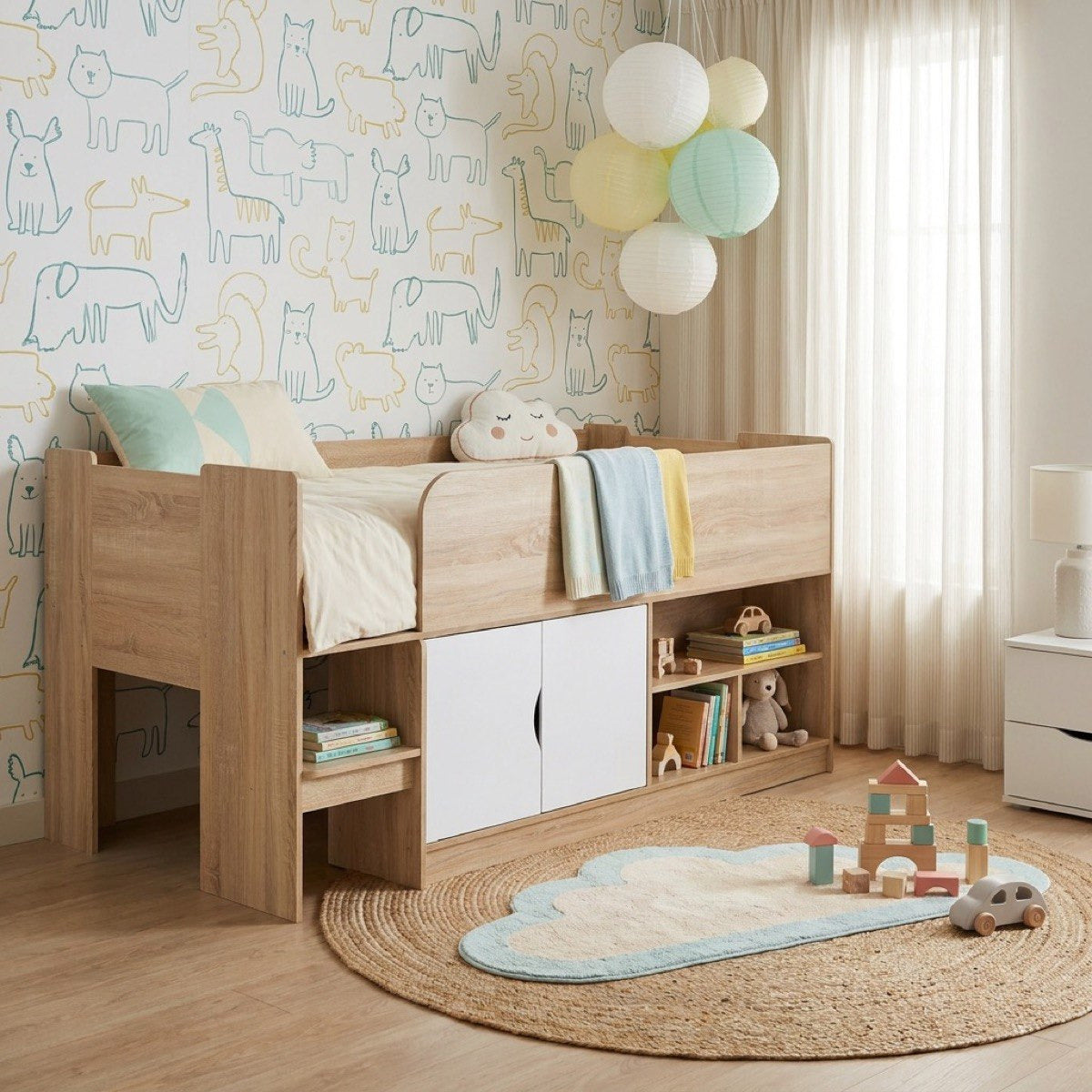Cabin Bed with 2 Doors & Shelves 90x190 cm – Modern Space Saving Engineered Wood Single Bed