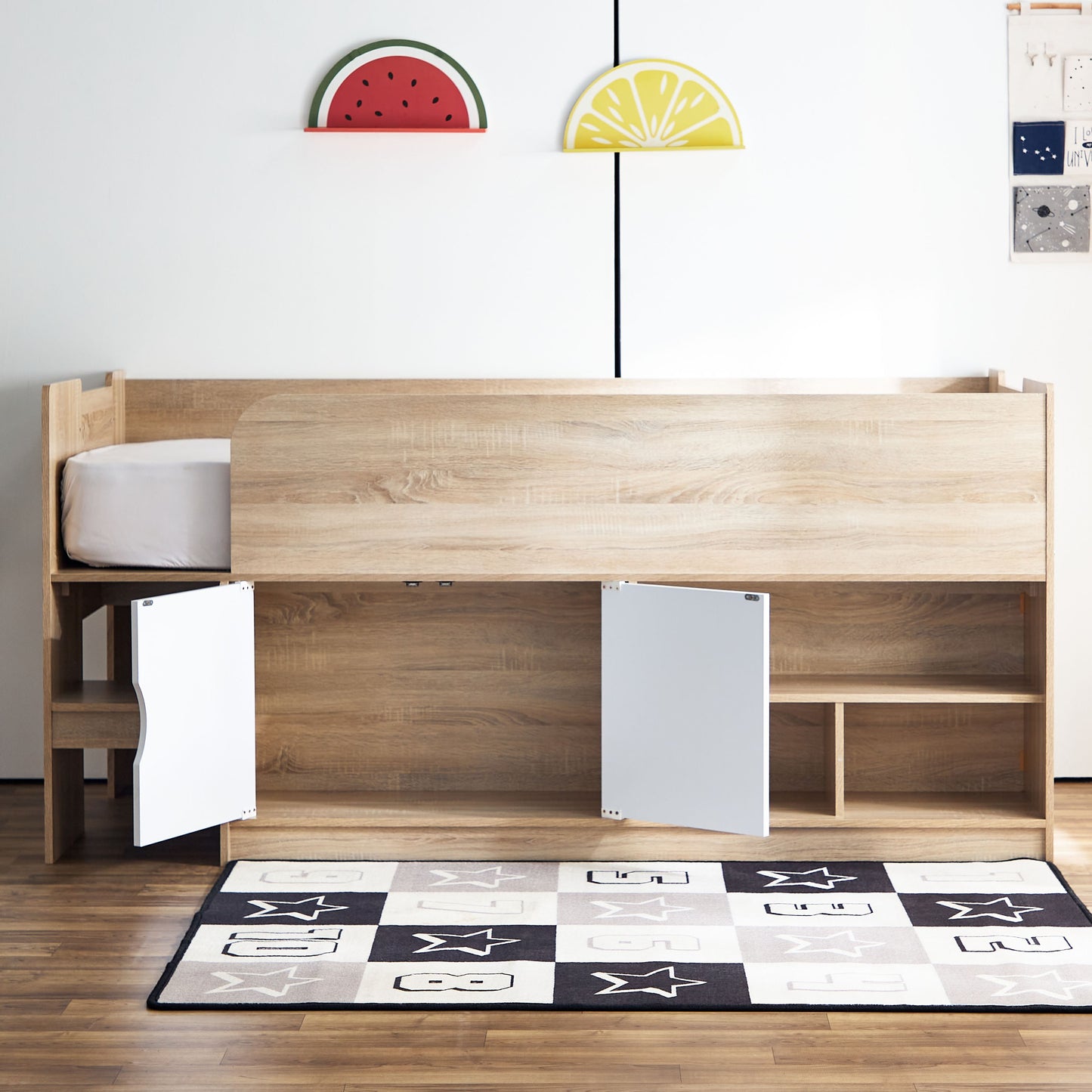 Cabin Bed with 2 Doors & Shelves 90x190 cm – Modern Space Saving Engineered Wood Single Bed