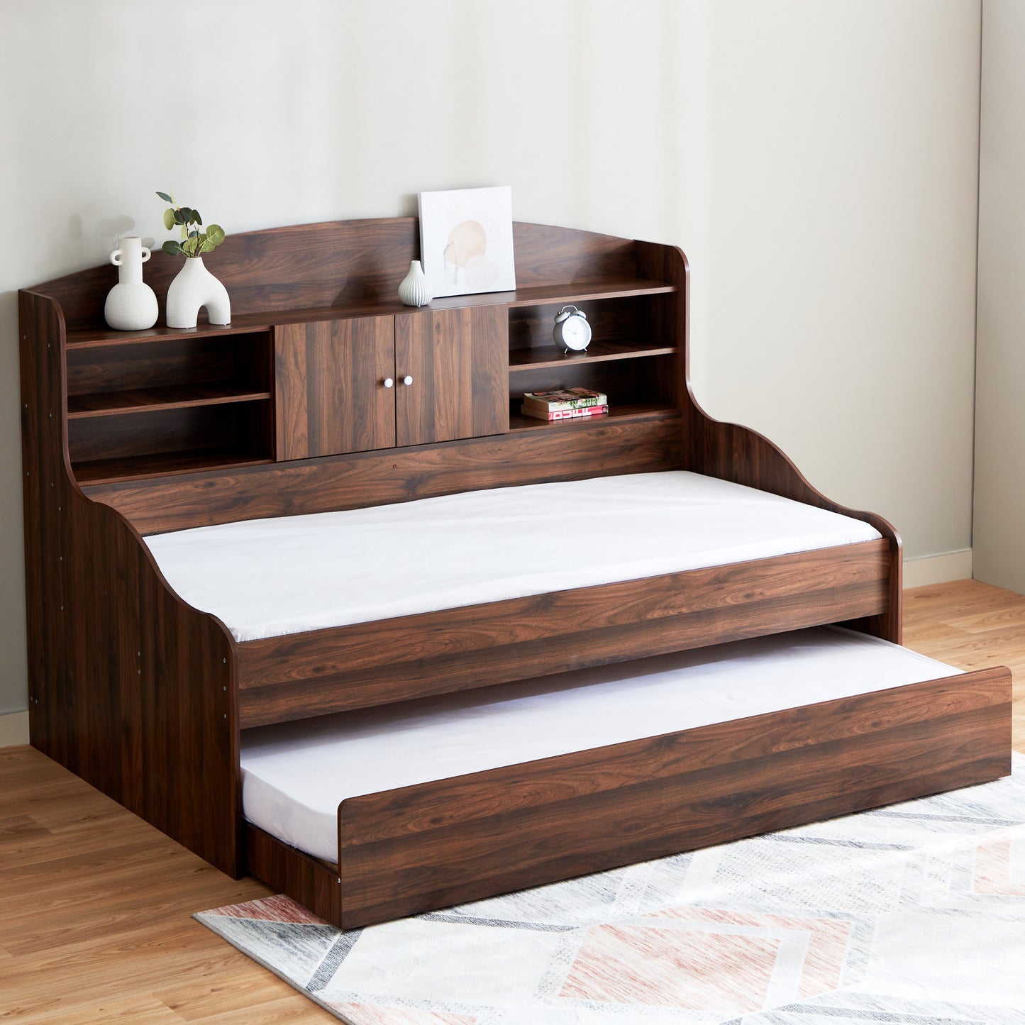 Single Cabin Bed with Pull-Out Trundle Bed 90x190 cm – Space Saving Engineered Wood Guest Bed