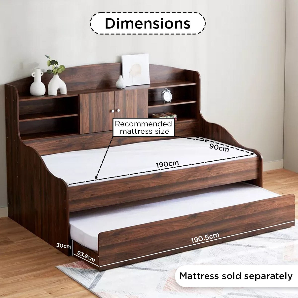 Single Cabin Bed with Pull-Out Trundle Bed 90x190 cm – Space Saving Engineered Wood Guest Bed
