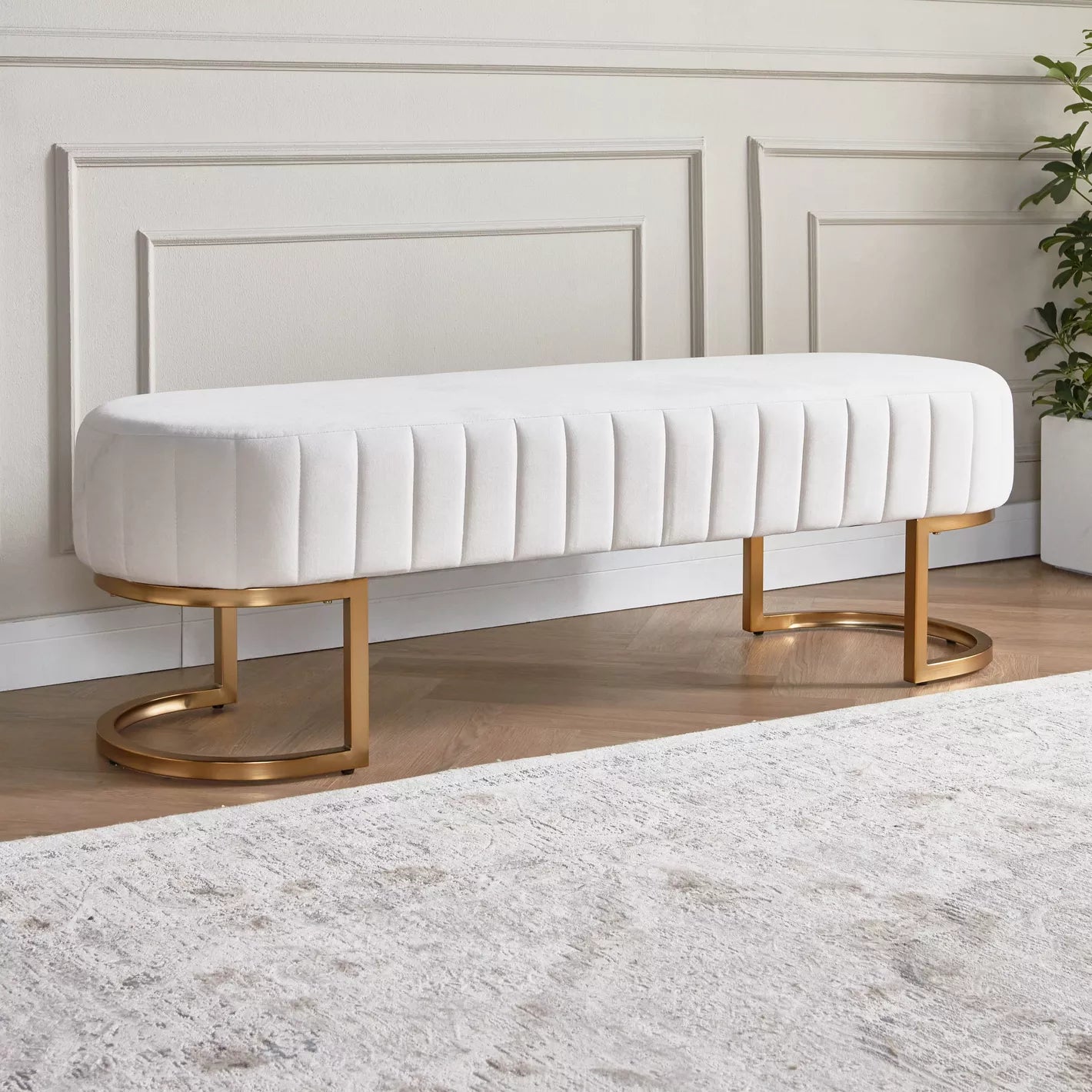 Modern Luxe Fabric Bench For Living Room And Bedroom - Cream/Gold - COOLBABY