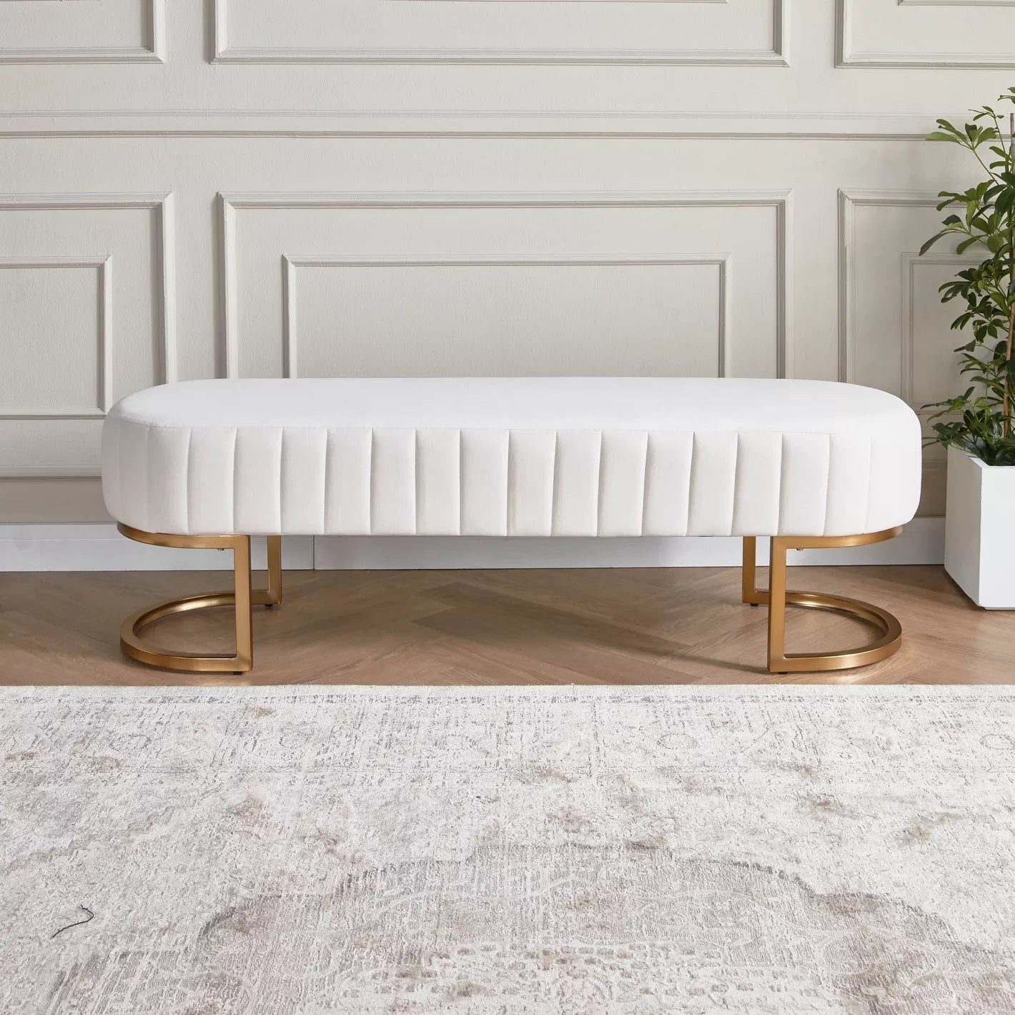 Modern Luxe Fabric Bench For Living Room And Bedroom - Cream/Gold - COOLBABY