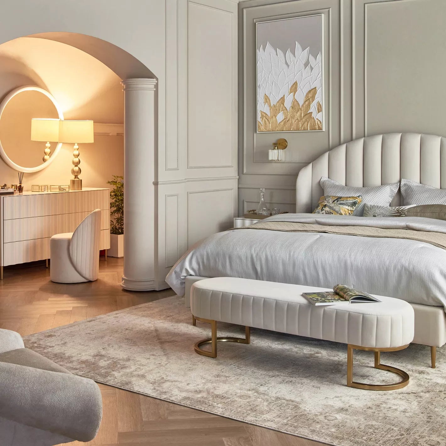 Modern Luxe Fabric Bench For Living Room And Bedroom - Cream/Gold - COOLBABY