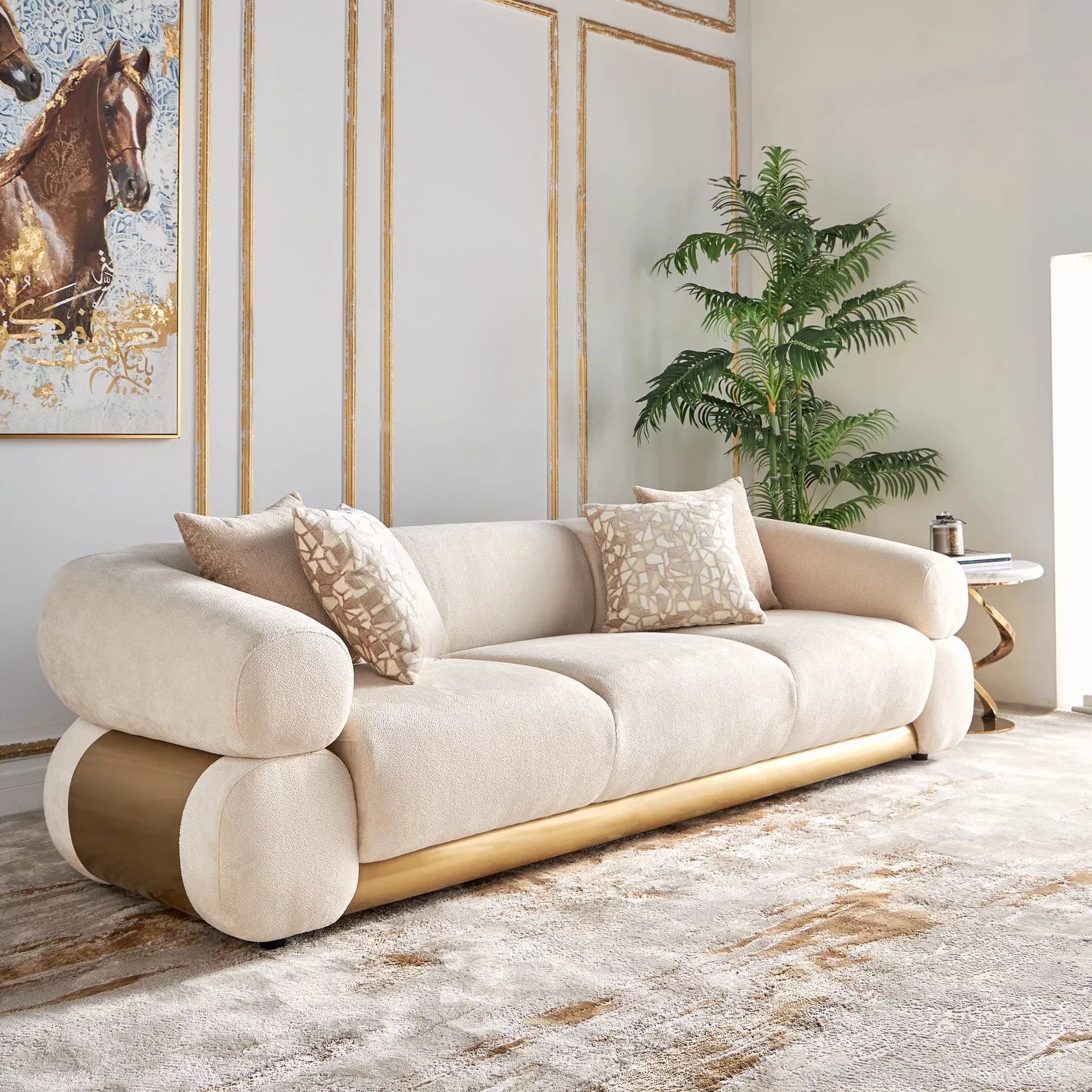 Sophisticated Modern 3-Seater Velvet Sofa 94 x 249 x 64 CM - Beige - COOLBABY