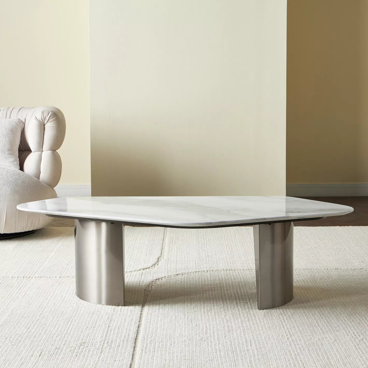 Marble Top Coffee Table, Durable Glass and Sturdy Metal for Modern Room - COOLBABY