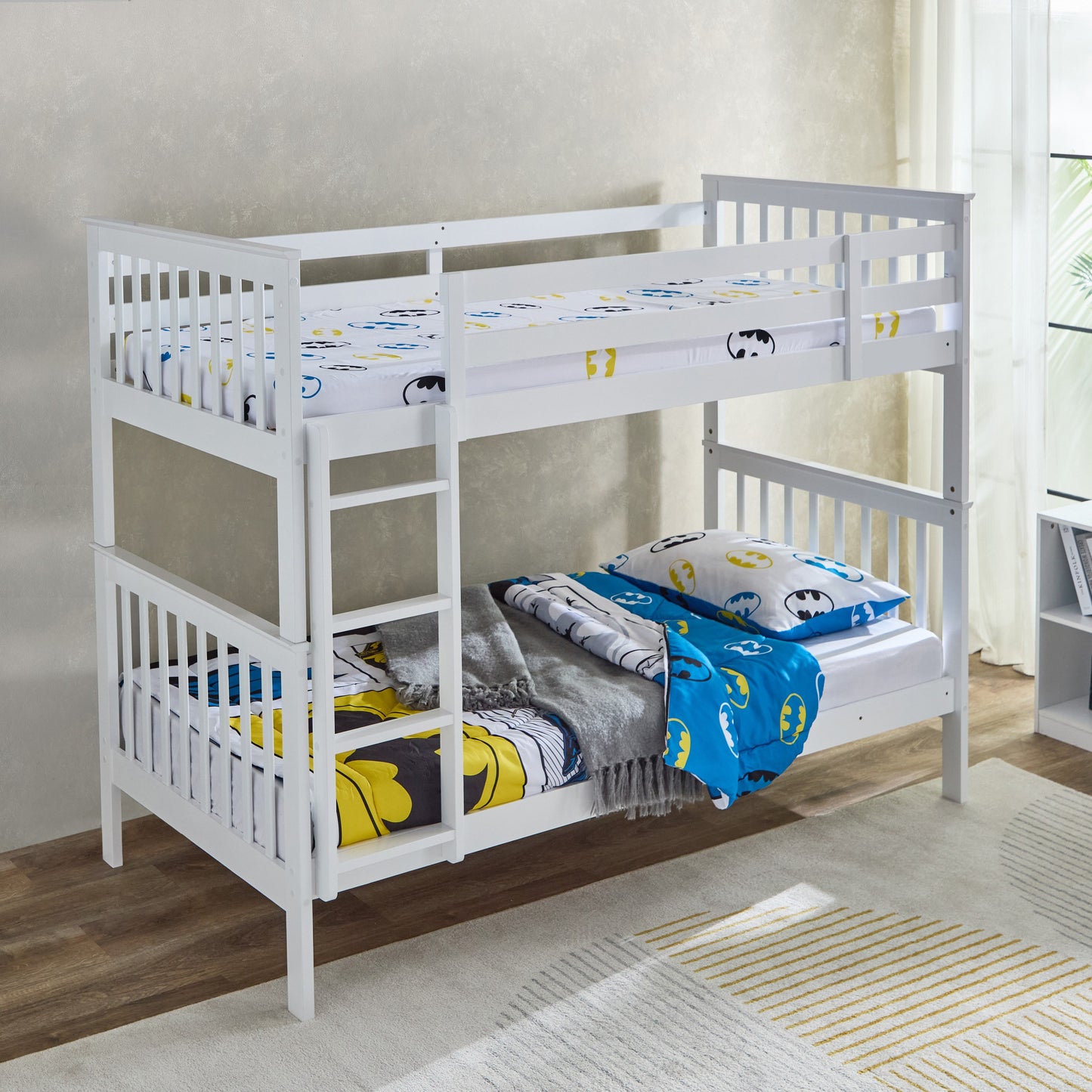 Single Bunk Bed 90x200 cm – MDF Wooden Kids Bunk Bed with Safety Guardrails & Built-in Ladder