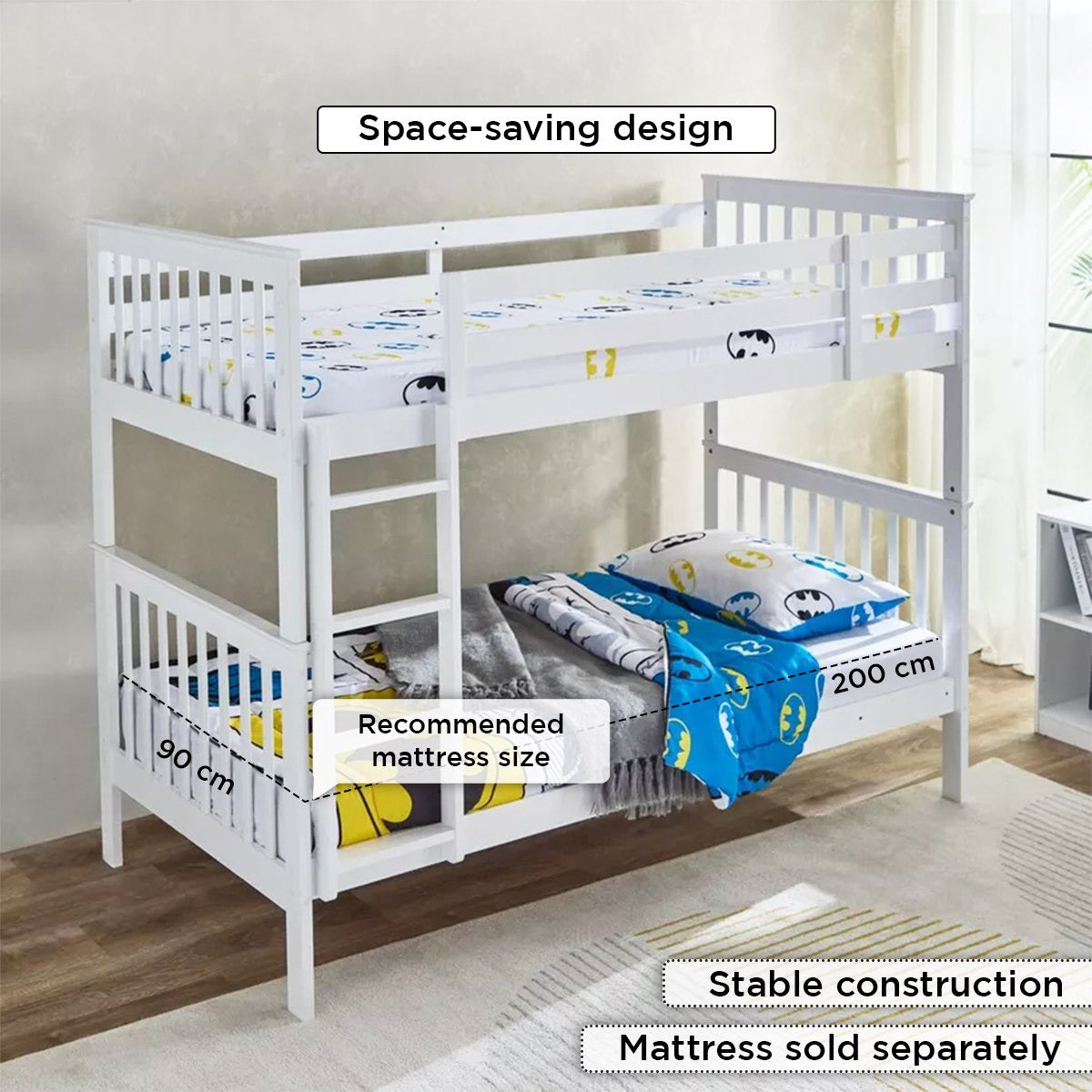 Single Bunk Bed 90x200 cm – MDF Wooden Kids Bunk Bed with Safety Guardrails & Built-in Ladder