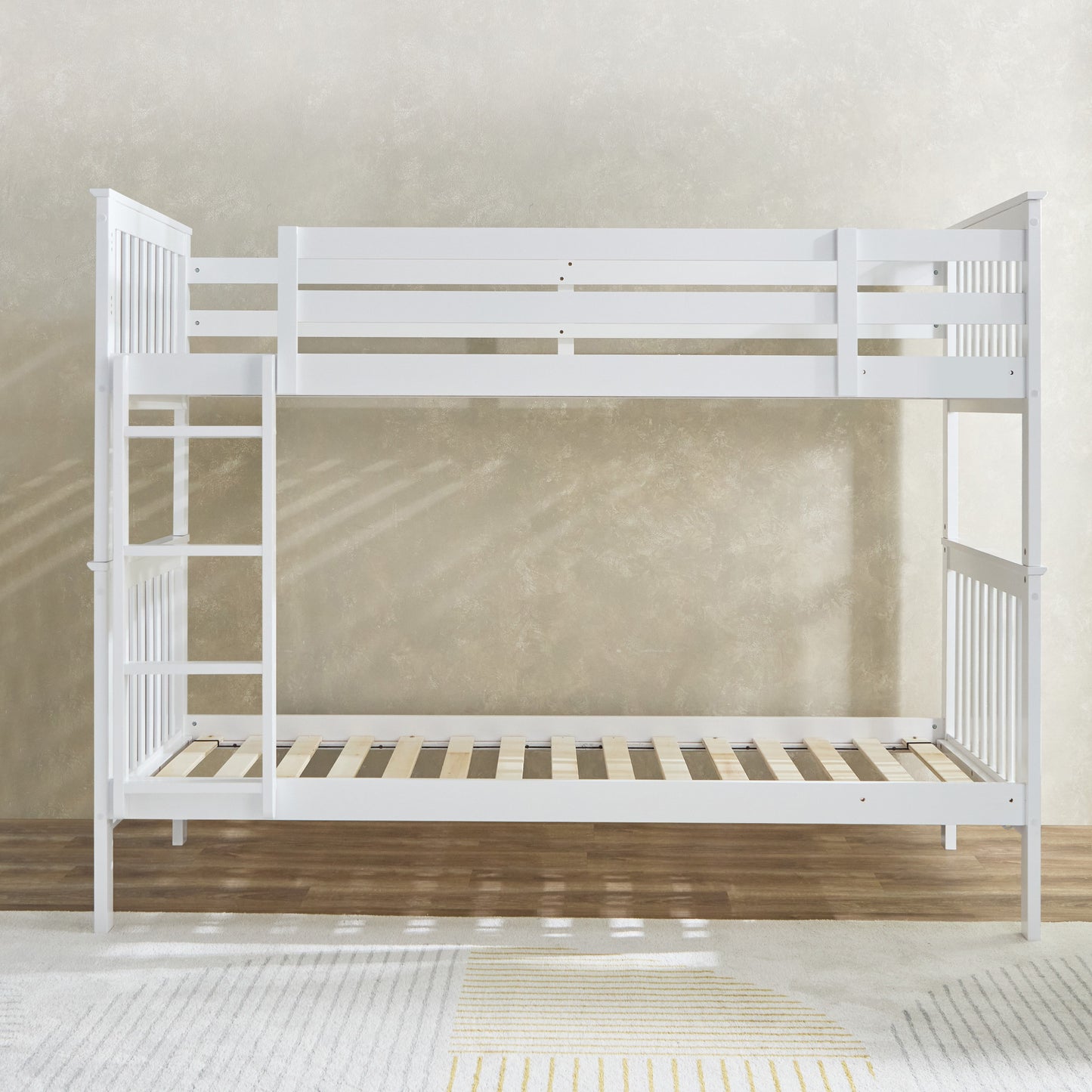 Single Bunk Bed 90x200 cm – MDF Wooden Kids Bunk Bed with Safety Guardrails & Built-in Ladder