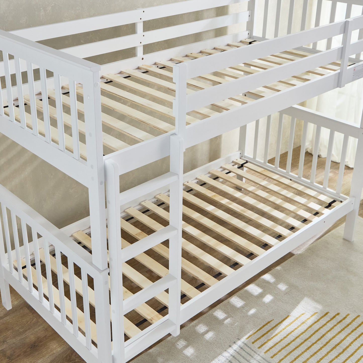 Single Bunk Bed 90x200 cm – MDF Wooden Kids Bunk Bed with Safety Guardrails & Built-in Ladder