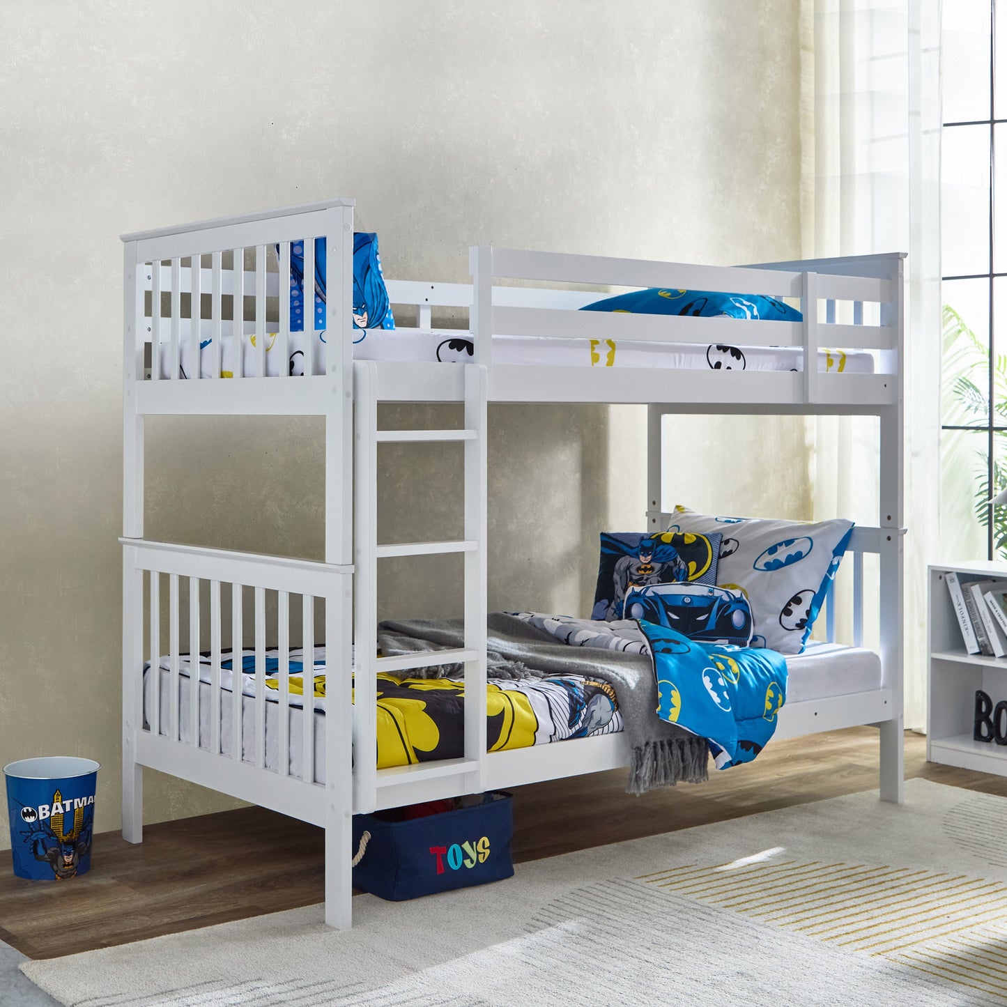 Single Bunk Bed 90x200 cm – MDF Wooden Kids Bunk Bed with Safety Guardrails & Built-in Ladder