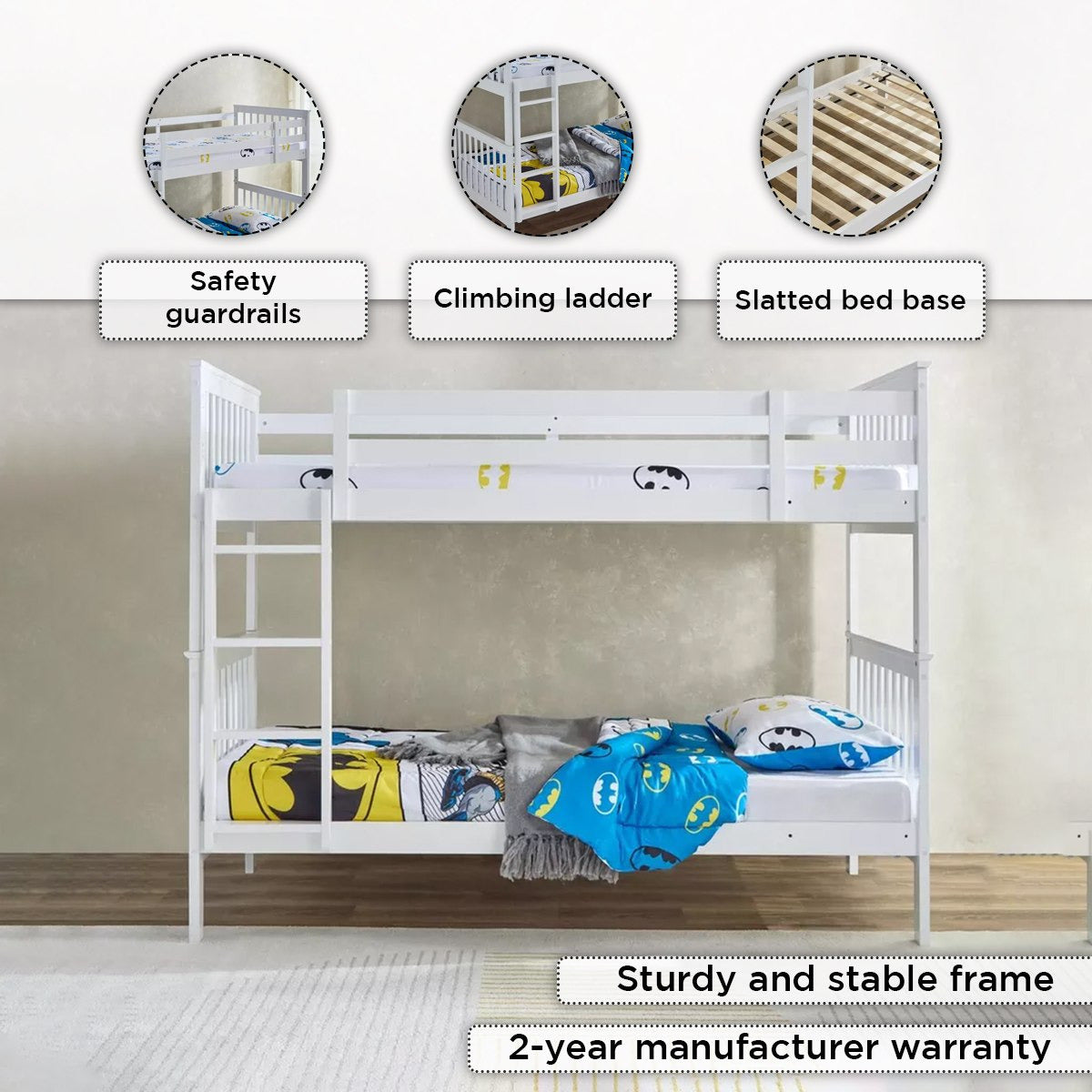 Single Bunk Bed 90x200 cm – MDF Wooden Kids Bunk Bed with Safety Guardrails & Built-in Ladder