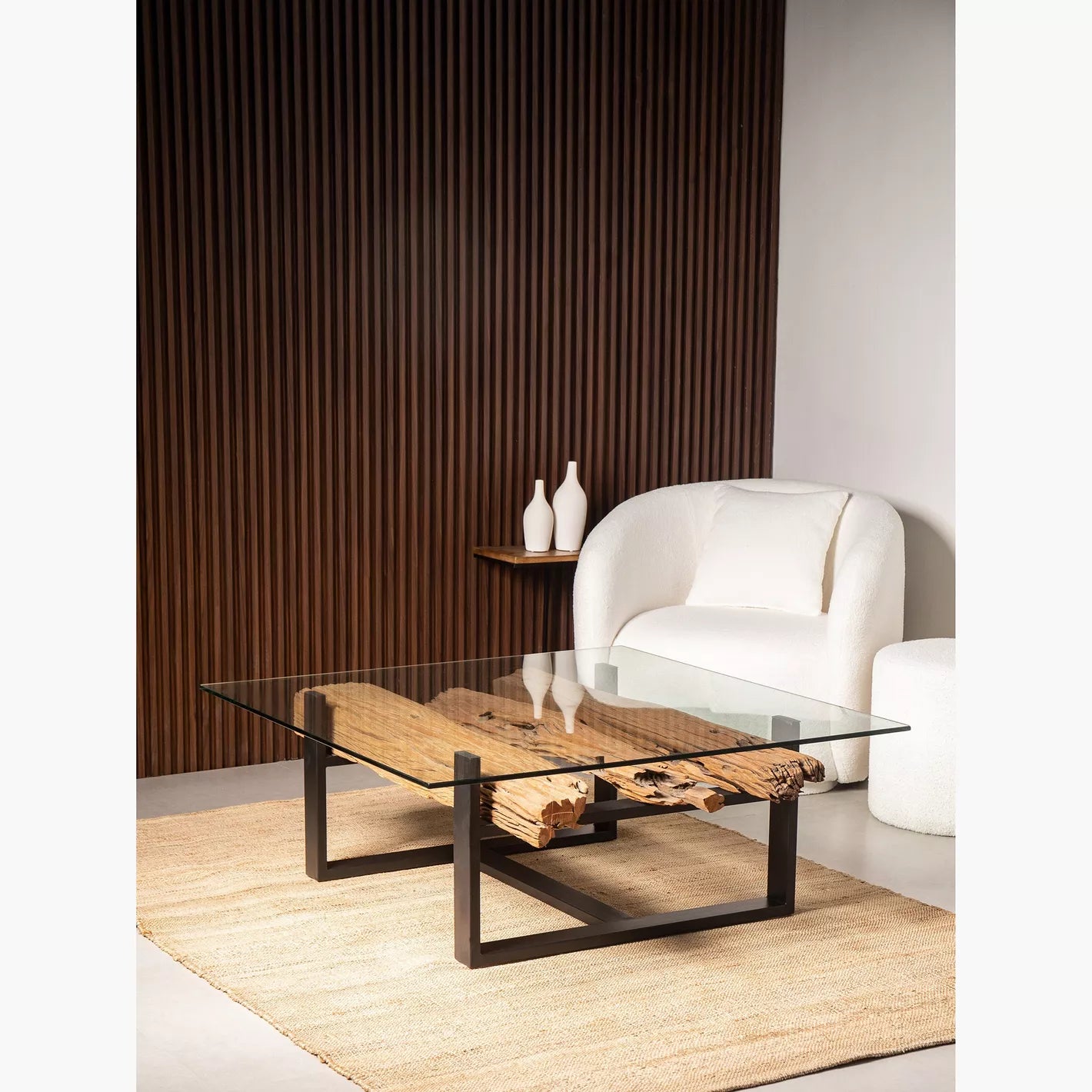 Railway Wood Coffee Table With Glass Top 120 x 120 x 45 CM - COOLBABY
