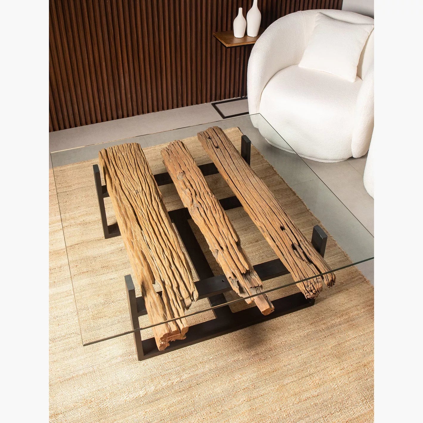 Railway Wood Coffee Table With Glass Top 120 x 120 x 45 CM - COOLBABY