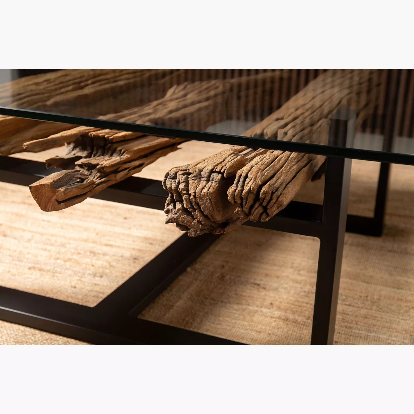 Railway Wood Coffee Table With Glass Top 120 x 120 x 45 CM - COOLBABY