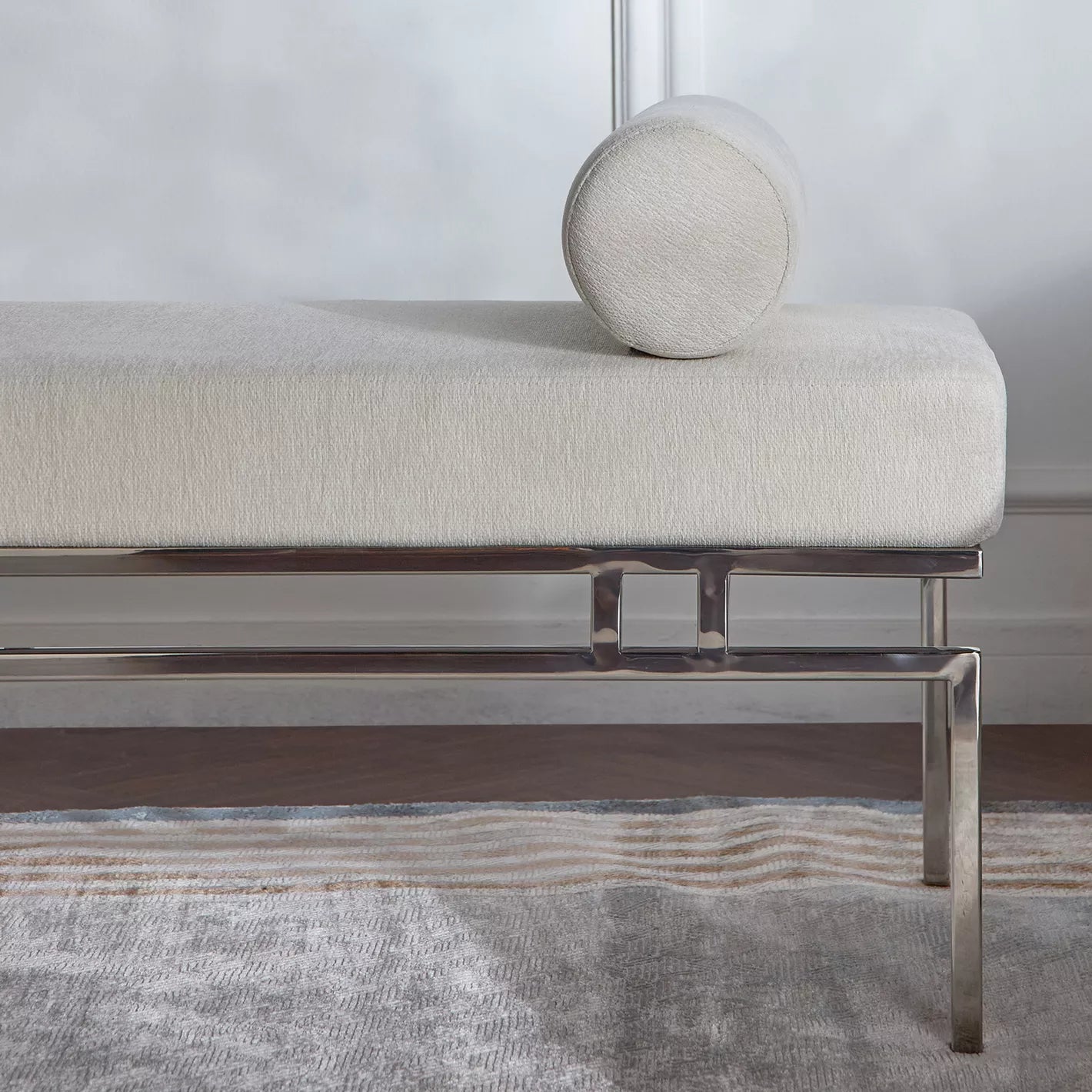 Elegant Modern Fabric Bench With Adjustable Cushions and Stylish Stainless Steel Accents - Light Grey - COOLBABY