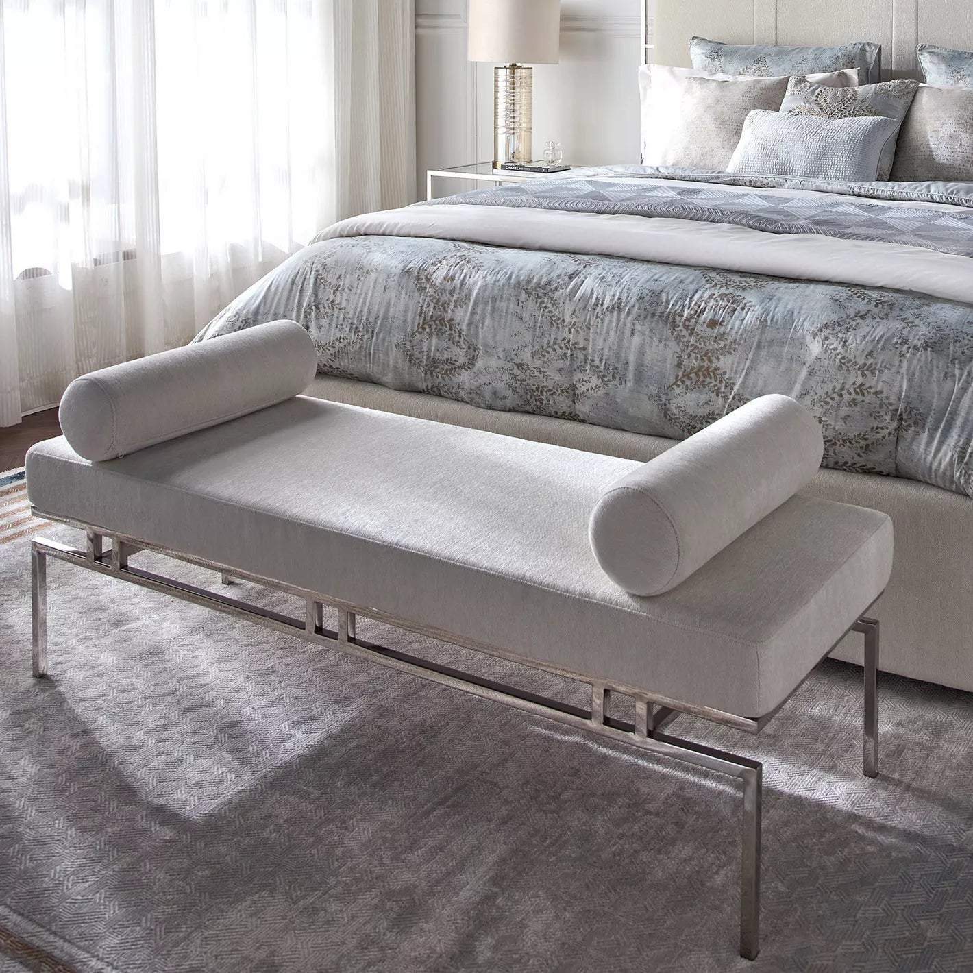 Elegant Modern Fabric Bench With Adjustable Cushions and Stylish Stainless Steel Accents - Light Grey - COOLBABY