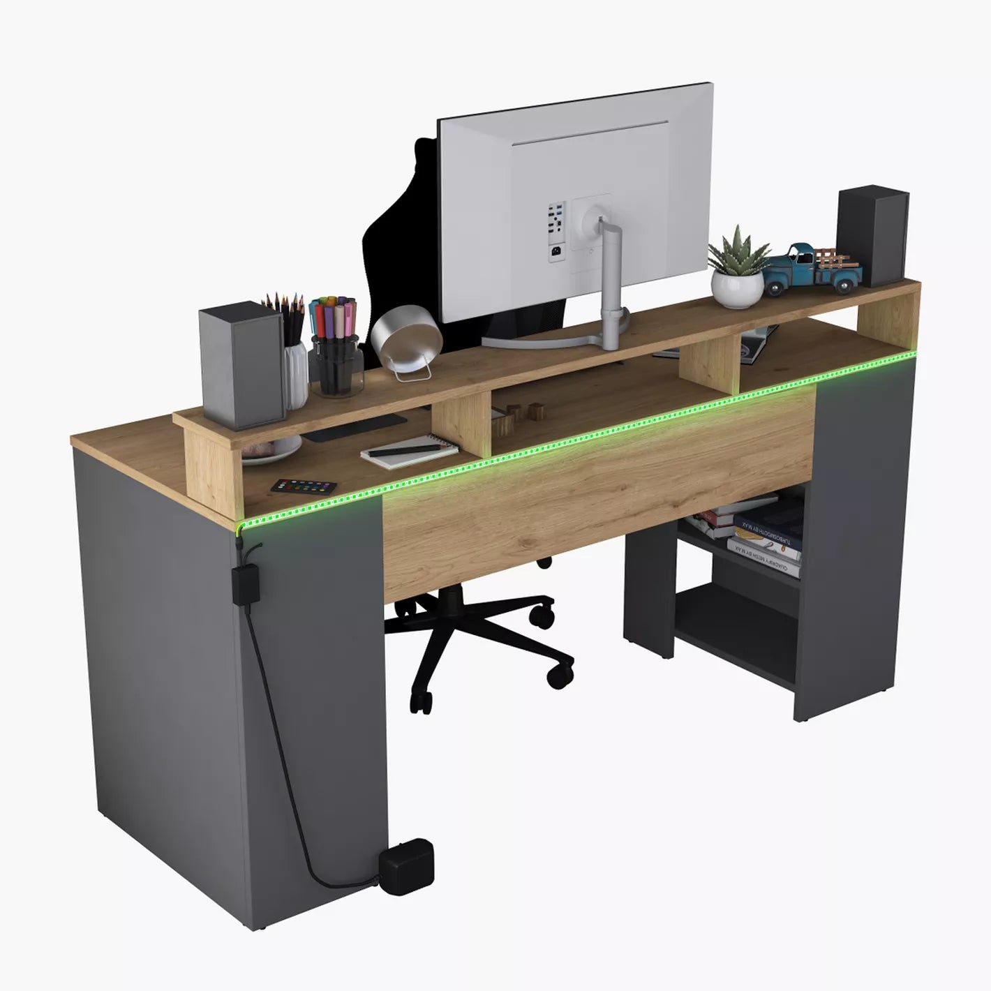 Gaming Desk with LED Color-Changing Shelf, Computer Desk - COOLBABY