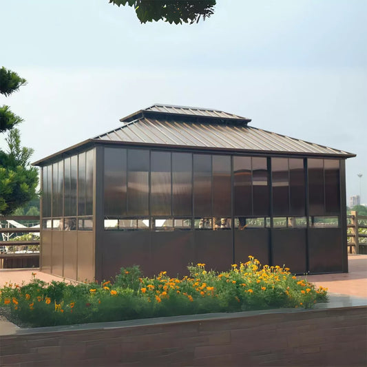Aluminum Double Hardtop Solarium Outdoor Gazebo with Sliding Doors - 3x4 m - COOLBABY