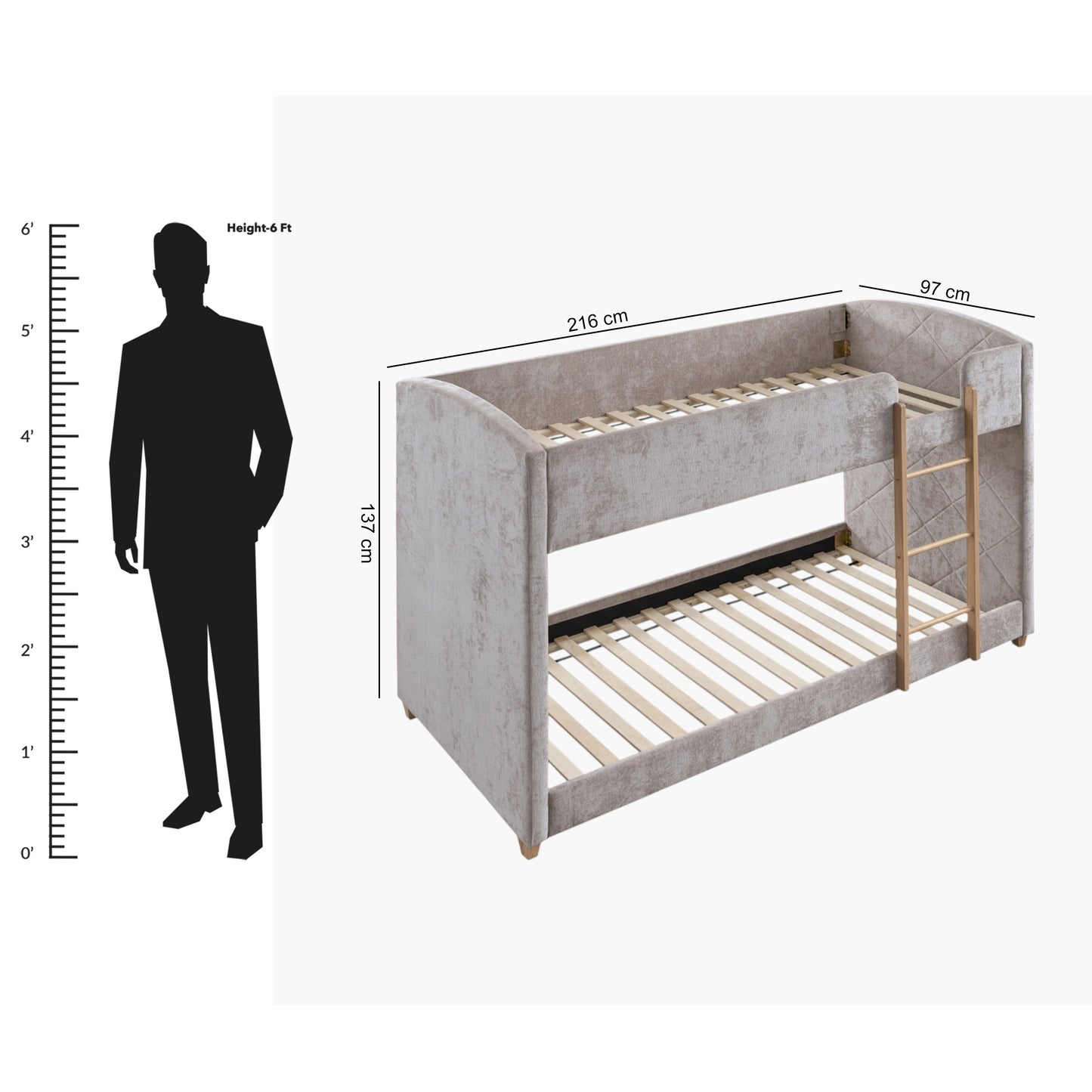 Curvy Upholstered Single Bunk Bed 90x200 cm | Modern Fabric Kids Bunk Bed