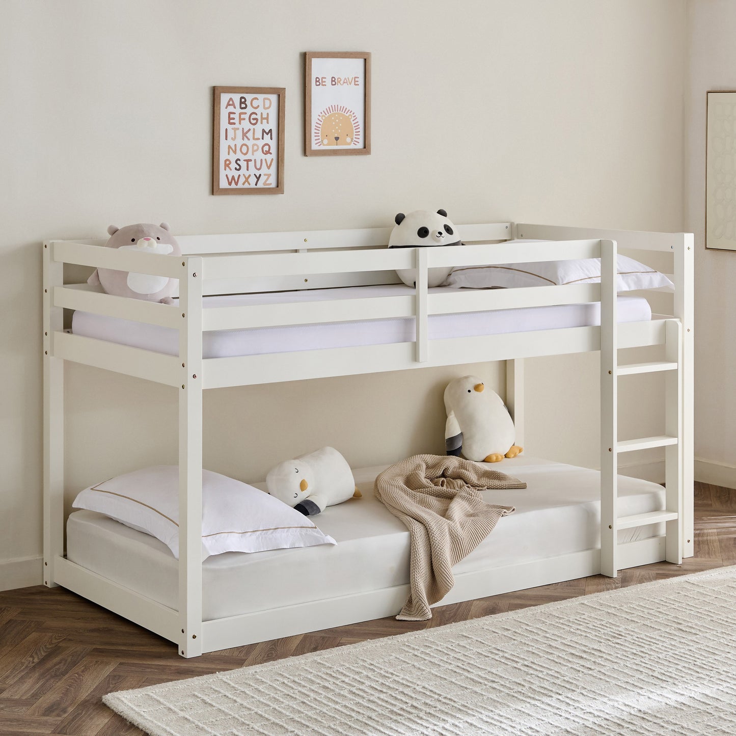 Floor Bunk Bed 90x200 cm | Solid Wood Kids Bunk Bed with Ladder