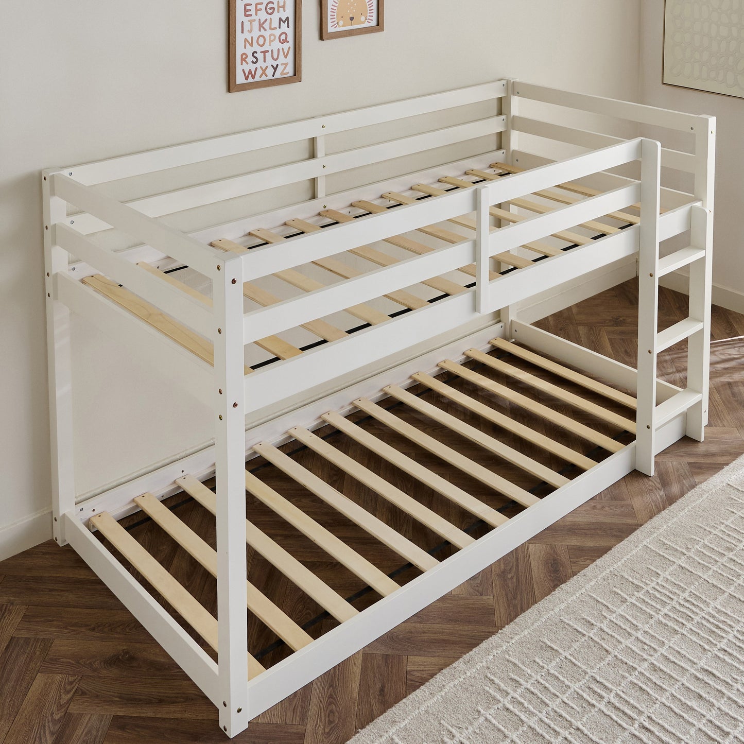 Floor Bunk Bed 90x200 cm | Solid Wood Kids Bunk Bed with Ladder