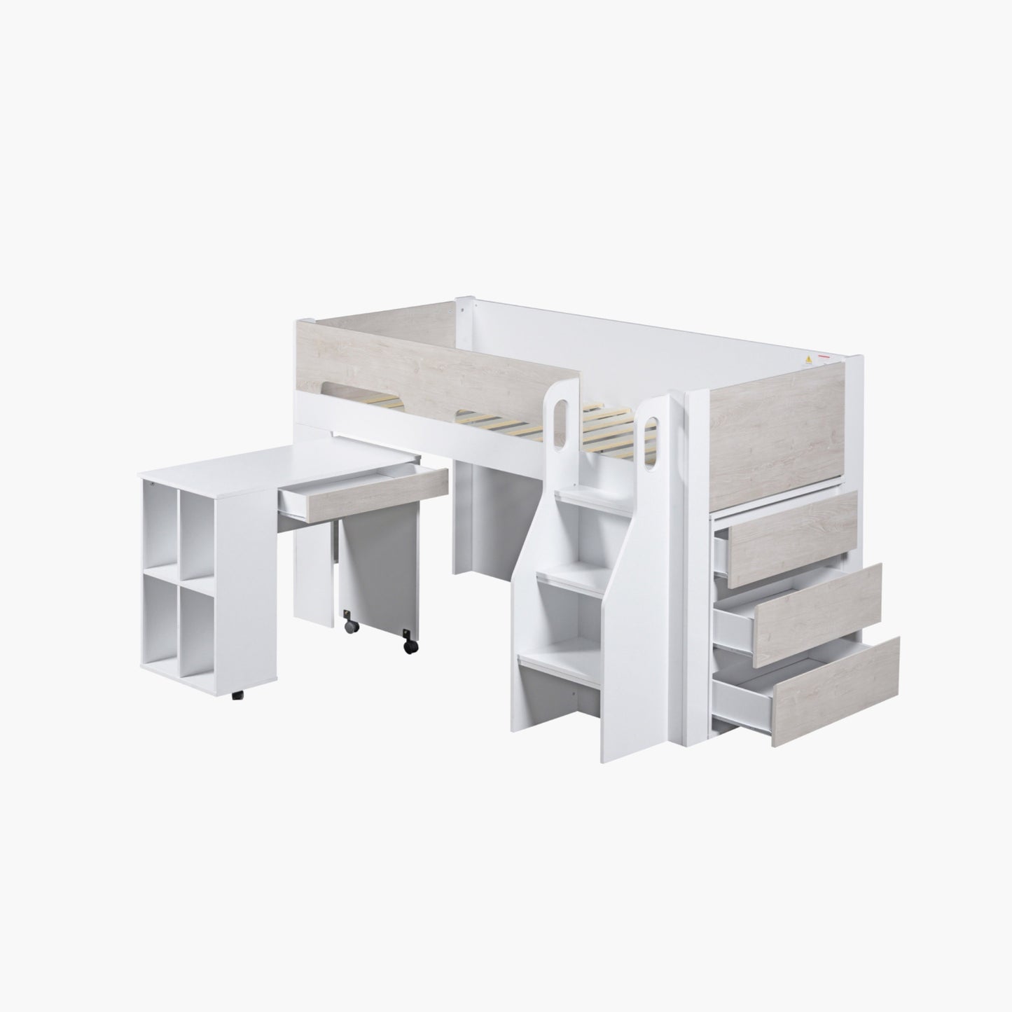 Single Bed with Study Desk & Storage 90x190 cm – Space Saving Kids Bed with Shelves & Drawers