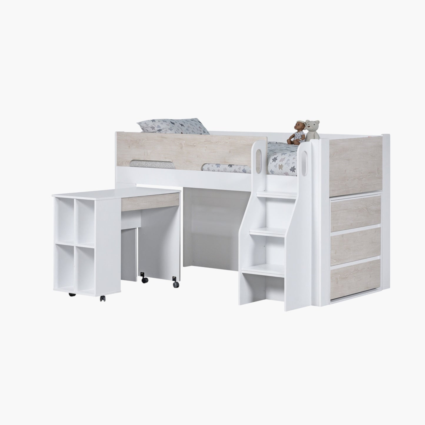Single Bed with Study Desk & Storage 90x190 cm – Space Saving Kids Bed with Shelves & Drawers