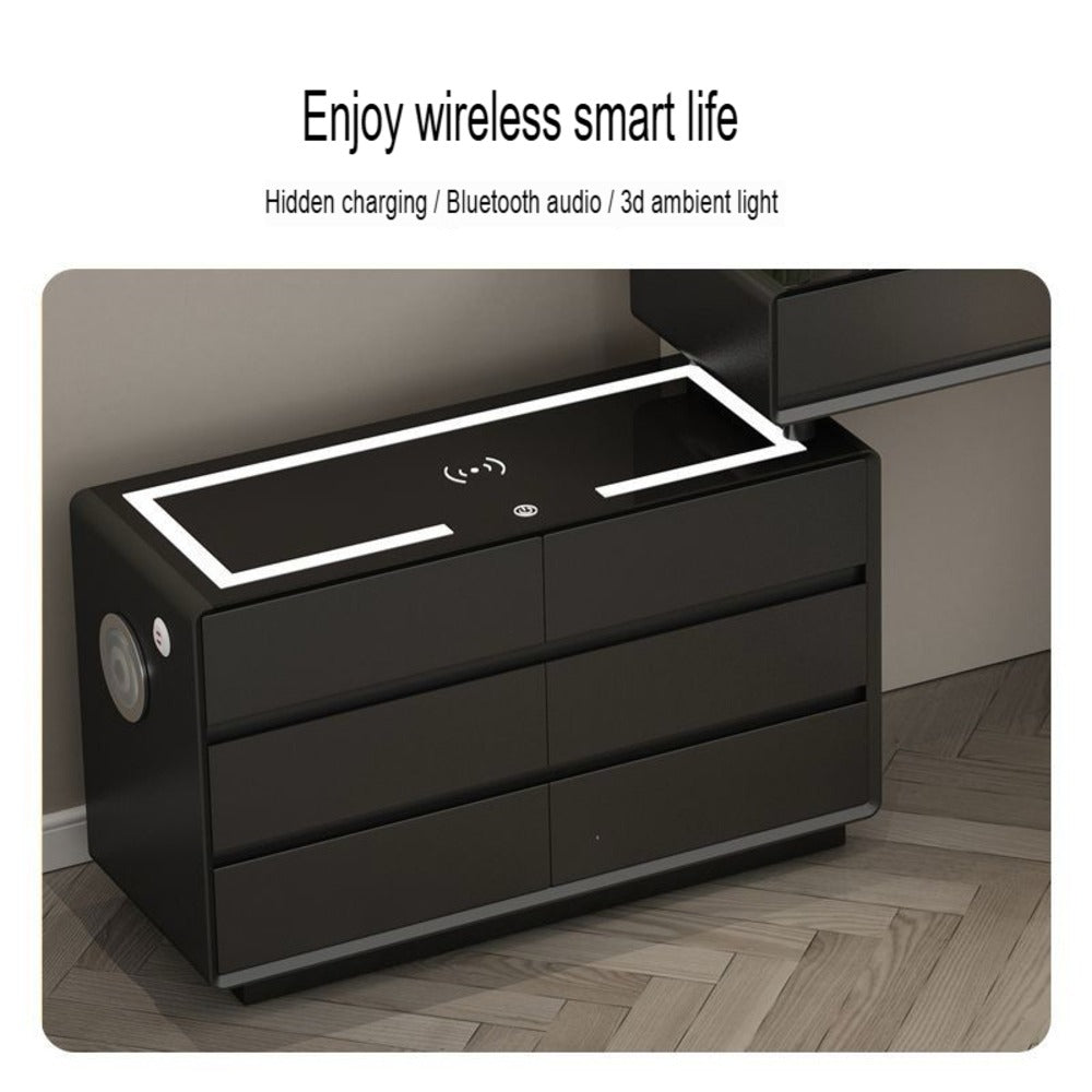 Smart Vanity Table with LED Mirror, Bluetooth Speaker, Wireless Charging - White, Solid Wood - COOLBABY