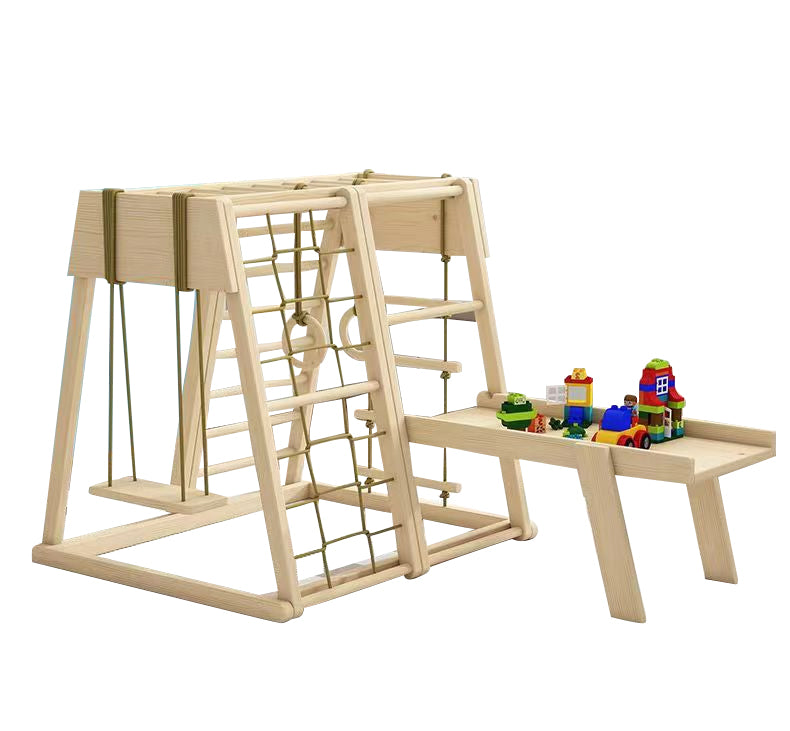 COOLBABY SSZ-PPJ05 Wooden Indoor Playground Eight-In-One Solid Wood Children's Climbing Frame With Swing/Slide/Rock Climbing/Net/Ladder/Building Block Table/Soft Rope Ladder/Hanging Ring - COOLBABY