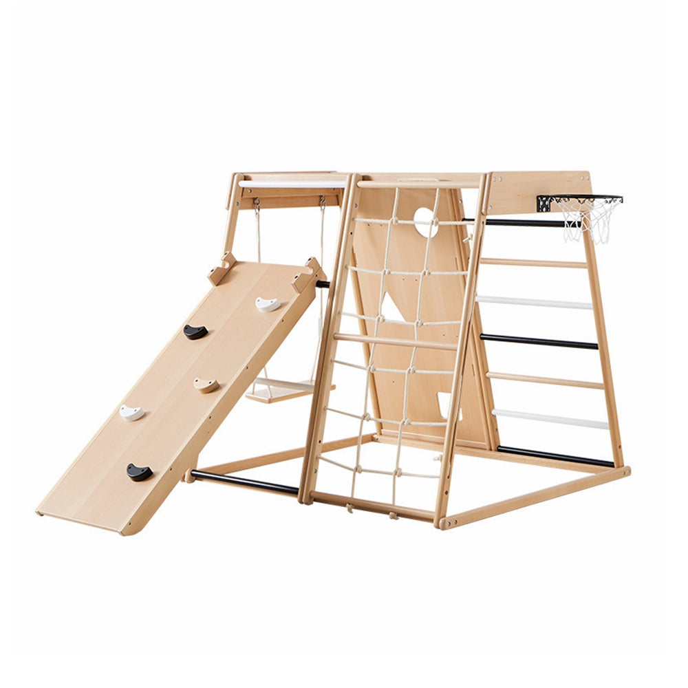 COOLBABY SSZ-PPJ07 Beech Indoor Playground 7-in-1 Solid Wood Children's Climbing Frame With Swing/Slide/Rock Climbing/Net/Ladder/Monkey Bar/Basketball Frame - COOLBABY