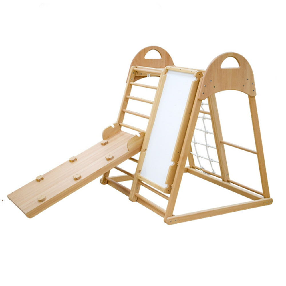 COOLBABY SSZ-PPJ06 Wooden Indoor Playground 7-in-1 Solid Wood Children's Climbing Frame With Swing/Slide/Rock Climbing/Net/Ladder/Monkey Bar/Drawing Board - COOLBABY