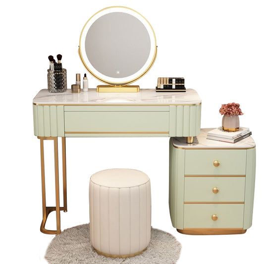 COOLBABY Mint Green Vanity Table Set with LED Mirror and Chair_Elegant Solid Wood Dressing Table - COOLBABY