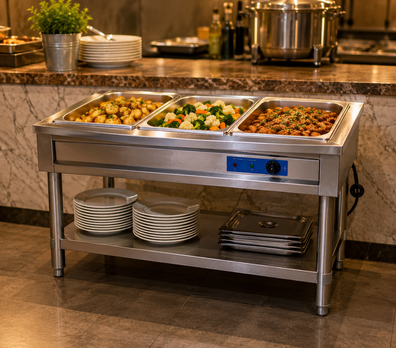 Pan Bain Marie 3 GN with Stand – AISI 304 Stainless Steel Food Warmer 2.5KW Made in UAE