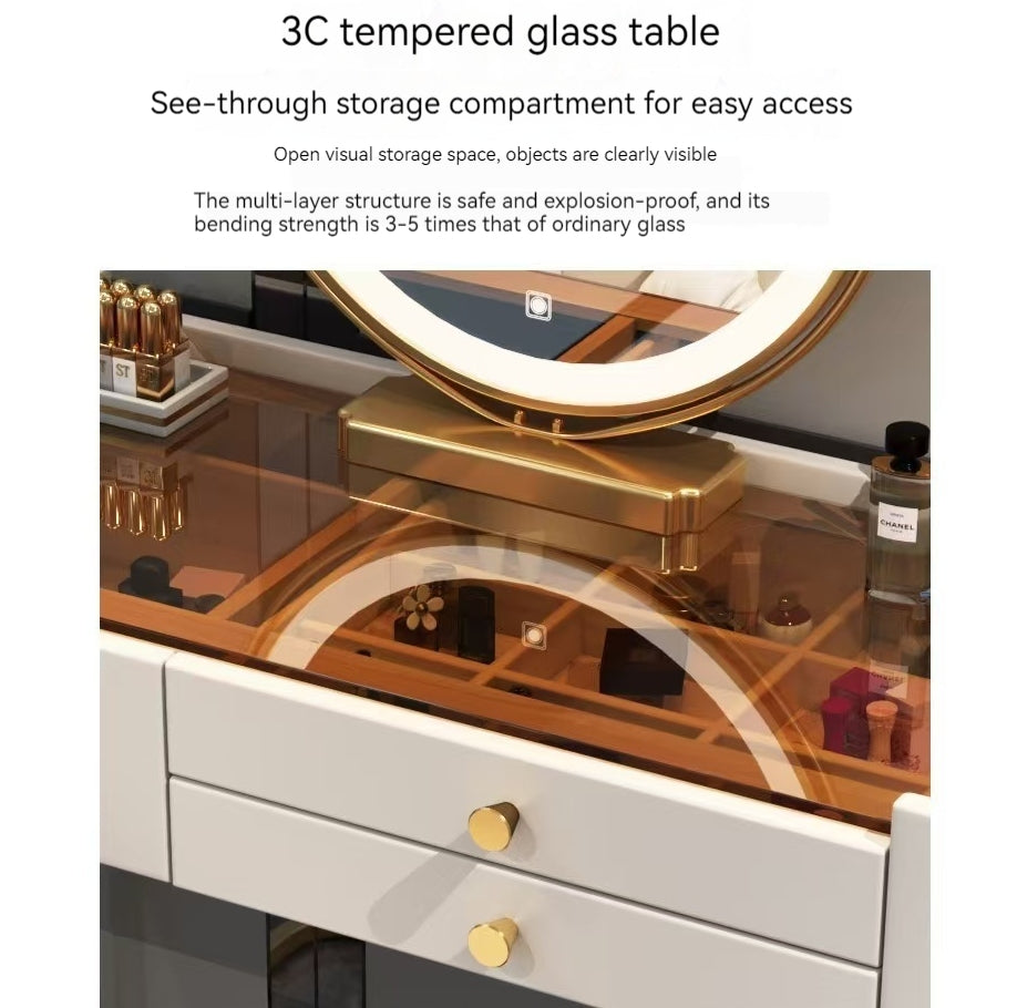 Modern Solid Wood Makeup Vanity Table Set with Smart Mirror and LED Lighting - COOLBABY
