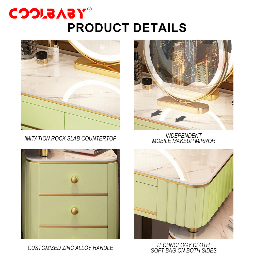 COOLBABY Mint Green Vanity Table Set with LED Mirror and Chair_Elegant Solid Wood Dressing Table - COOLBABY