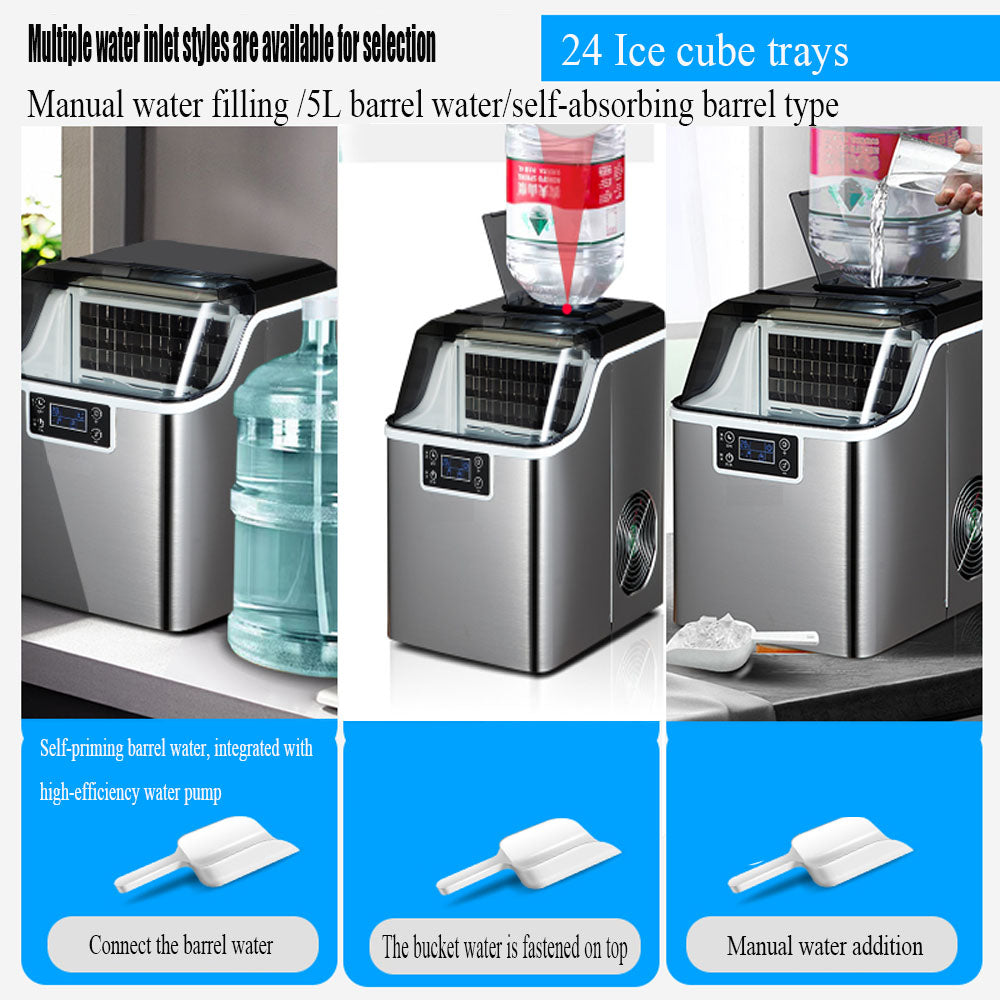 Countertop Ice Maker Machine, 30kg Daily Output, 24 Square Ice Cubes per Cycle, Stainless Steel, LCD Display, Multiple Water Supply Options