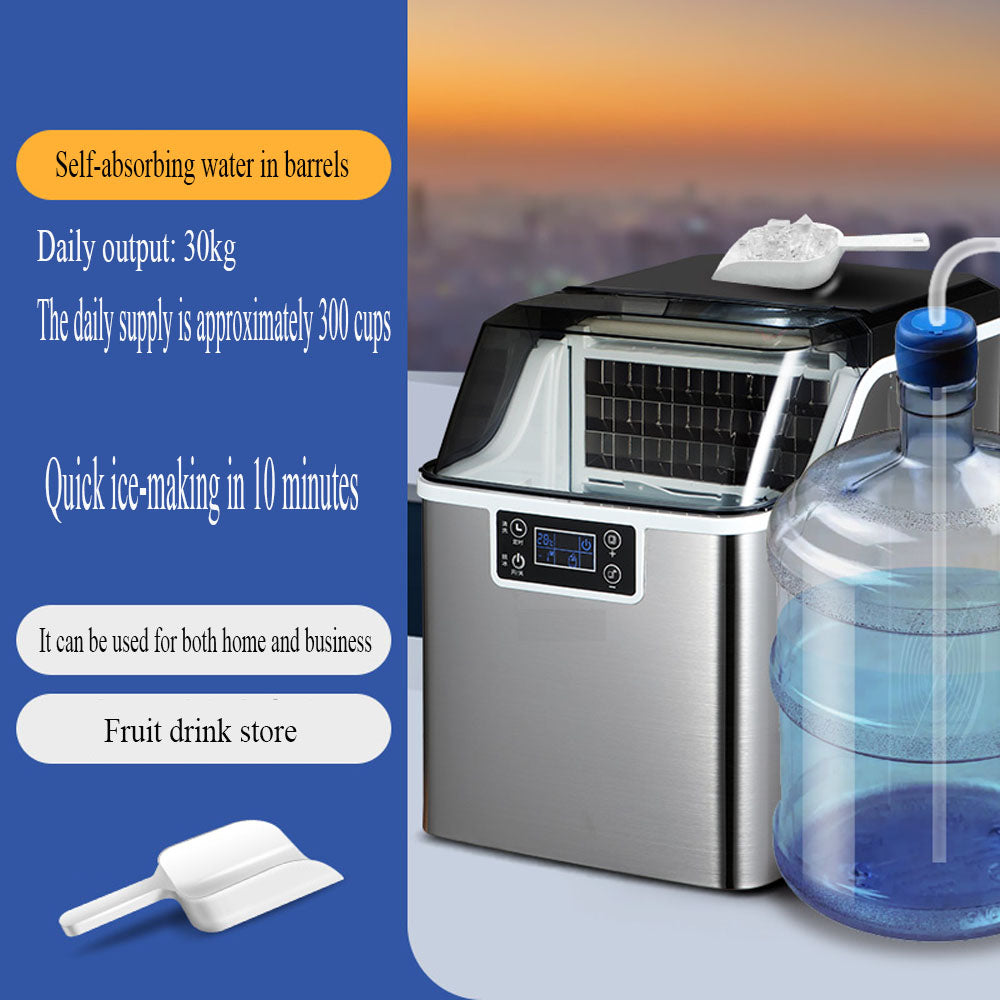 Countertop Ice Maker Machine, 30kg Daily Output, 24 Square Ice Cubes per Cycle, Stainless Steel, LCD Display, Multiple Water Supply Options