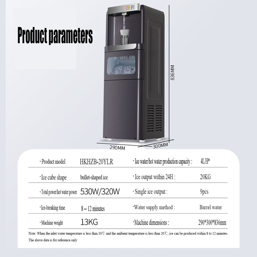 Water Dispenser with Built-In Ice Maker, Hot and Cold, 20KG Daily Output, Bullet-Shaped Ice, 290x300x836mm