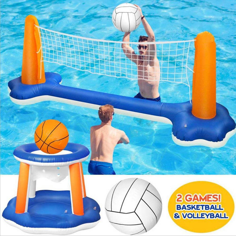 COOLBABY 4 Pieces Inflatable Volleyball Net & Basketball Hoops Pool Float Set with Inflatable Volleyball and Basketbal - COOL BABY