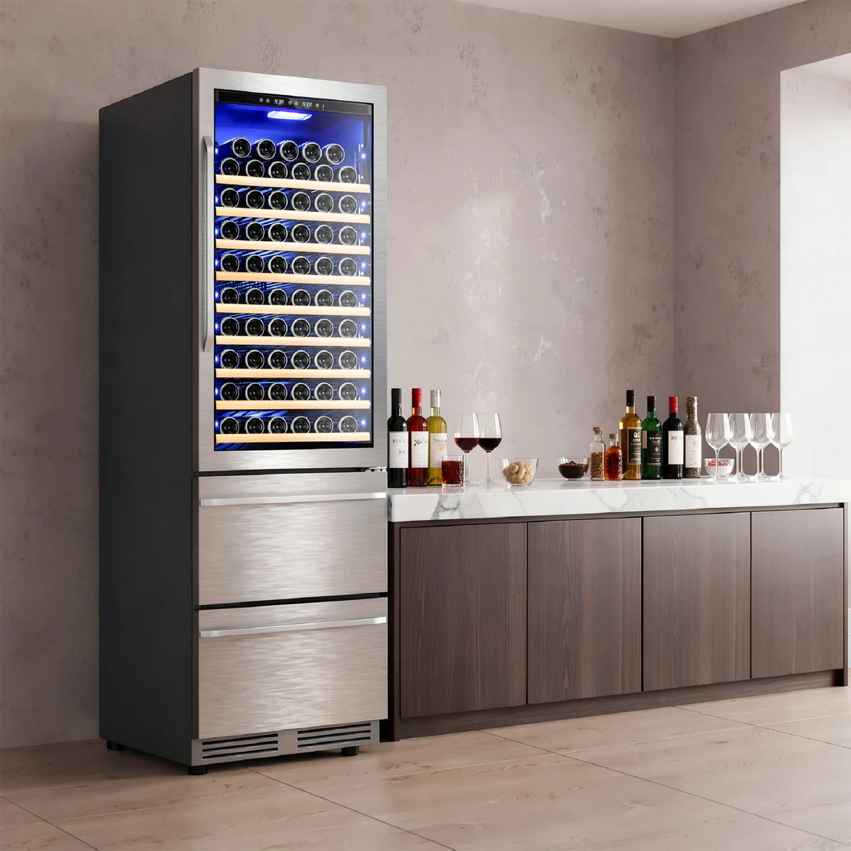 23.5'' Freestanding/Built-in 110 Bottle And 165 Can Wine & Beverage Refrigerator 2 IN 1 Dual Zone Drawer Beverage Fridge Wine Cooler