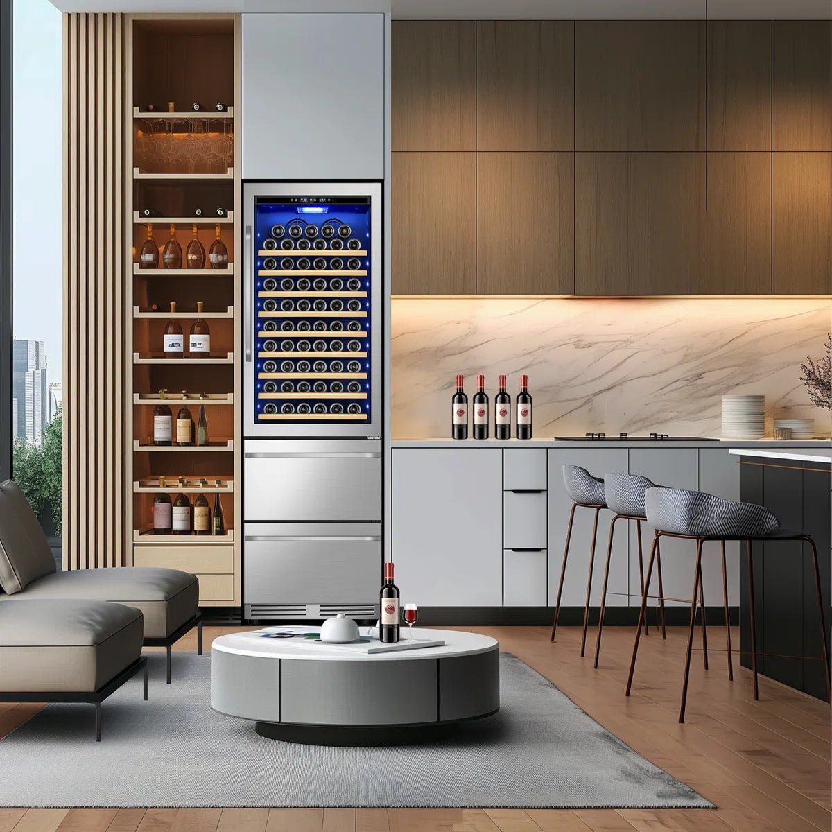 23.5'' Freestanding/Built-in 110 Bottle And 165 Can Wine & Beverage Refrigerator 2 IN 1 Dual Zone Drawer Beverage Fridge Wine Cooler