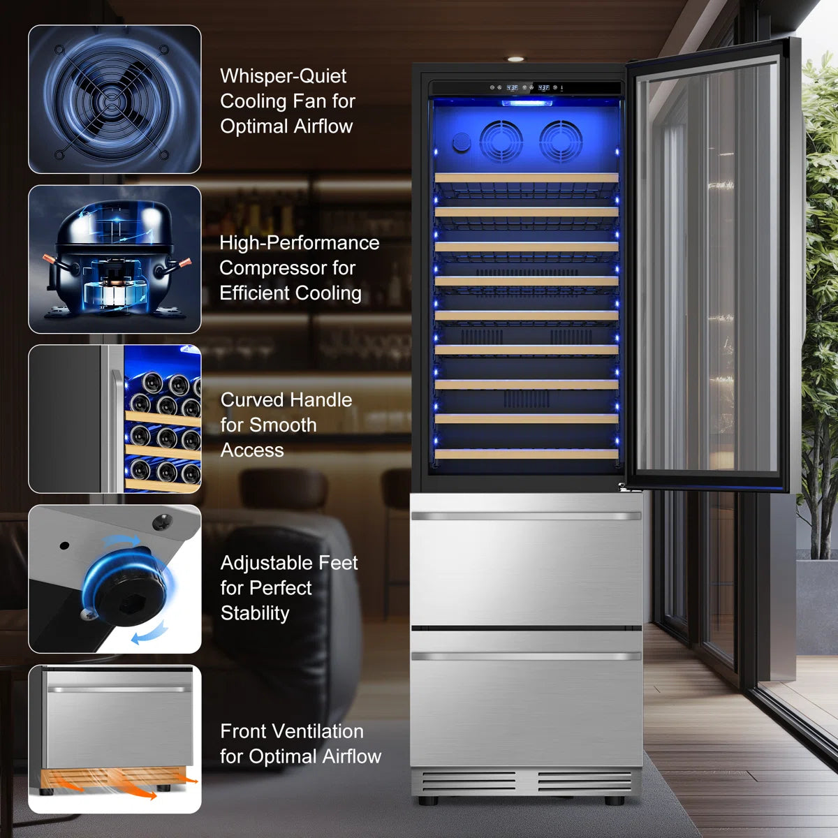 23.5'' Freestanding/Built-in 110 Bottle And 165 Can Wine & Beverage Refrigerator 2 IN 1 Dual Zone Drawer Beverage Fridge Wine Cooler