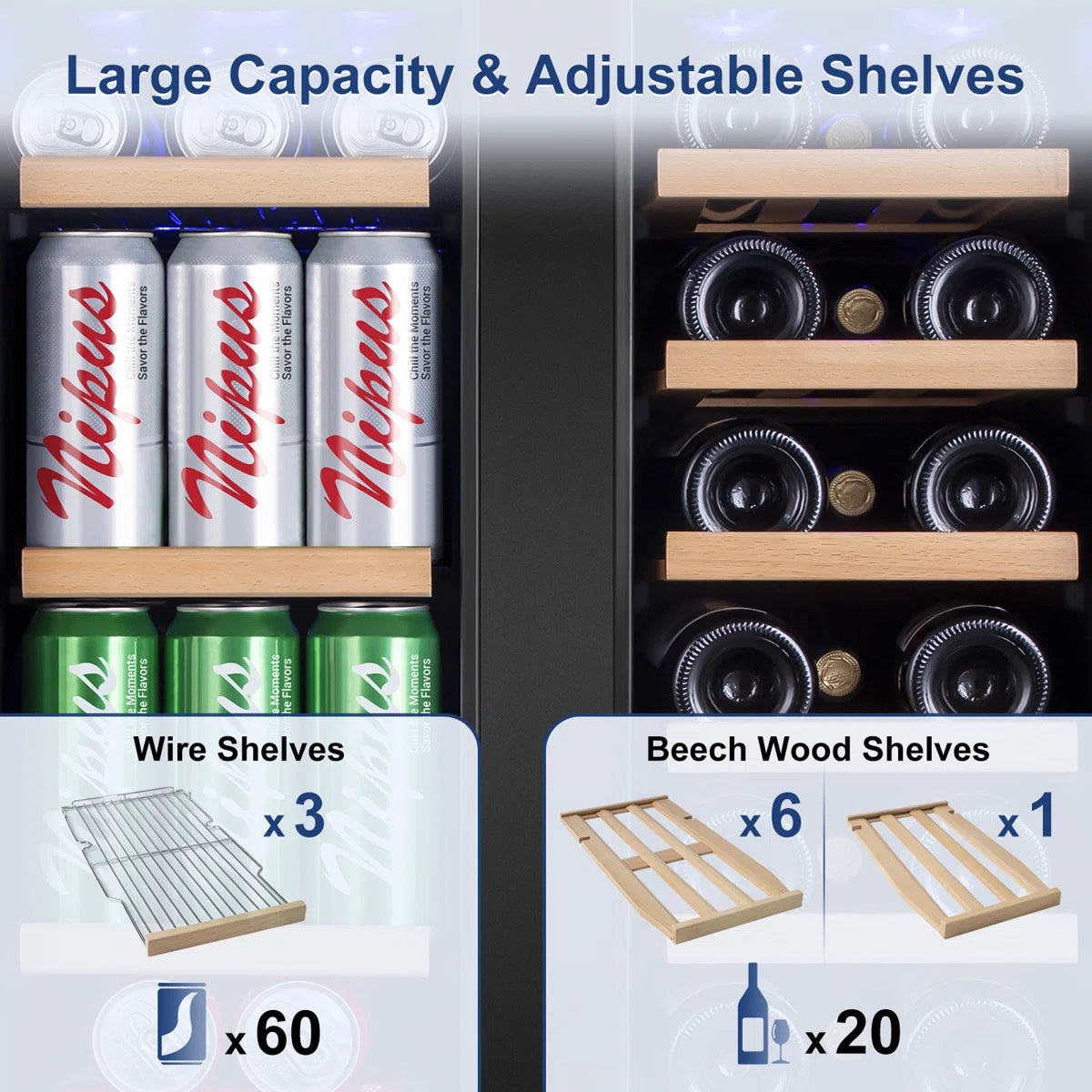 24 Inch 20 Bottle & 60 Can Dual Zone Wine and Beverage Refrigerator Undercounter Cooler Fridge