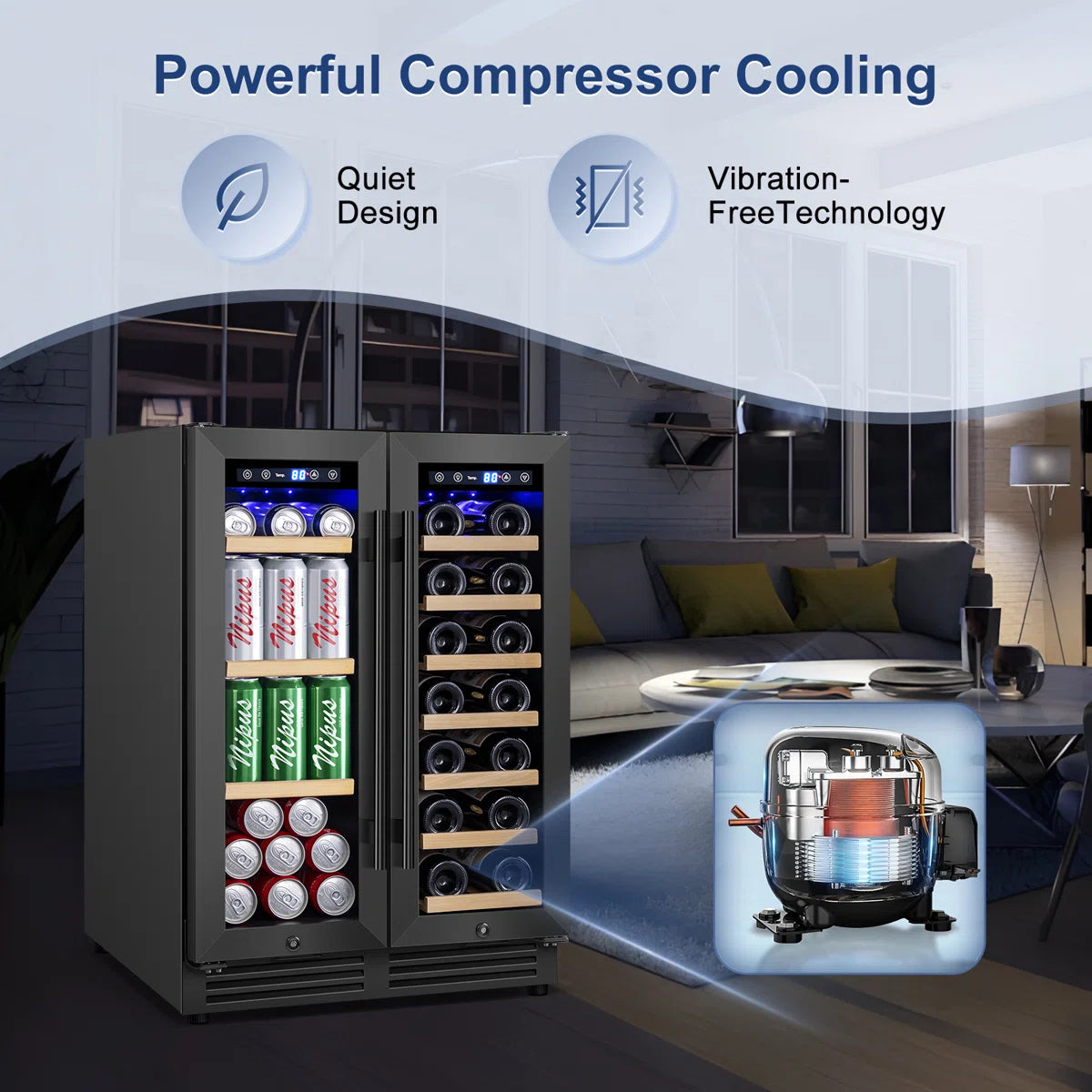 24 Inch 20 Bottle & 60 Can Dual Zone Wine and Beverage Refrigerator Undercounter Cooler Fridge