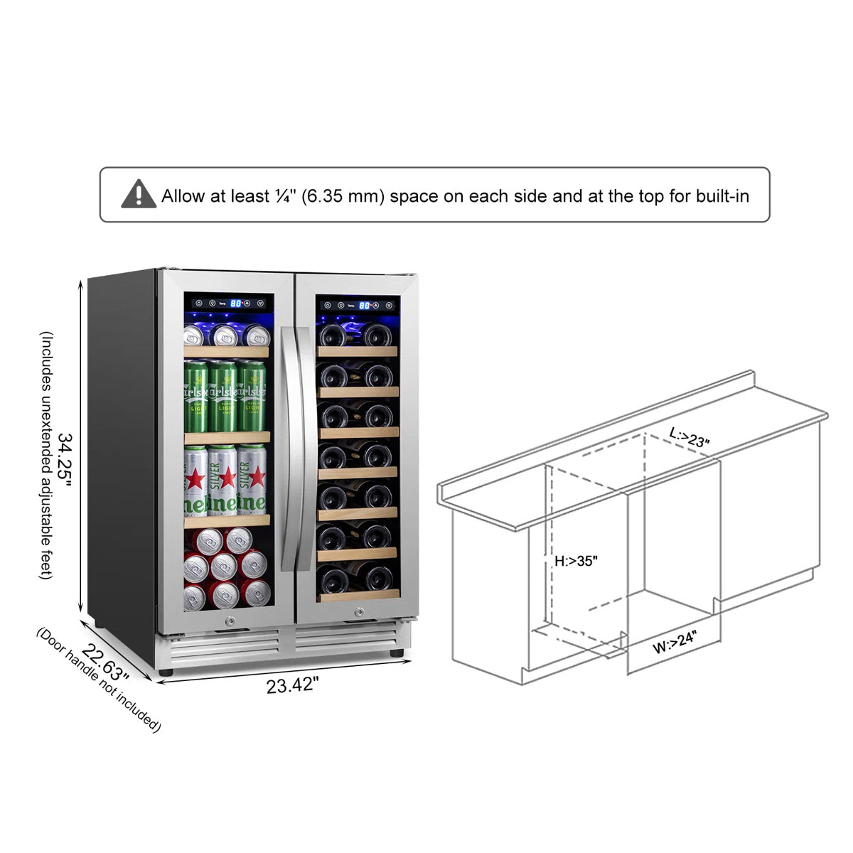 24 in. Dual Zone Beverage & Wine Refrigerator Holds 20 Bottles and 60 Cans Freestanding or Built-In Cooler